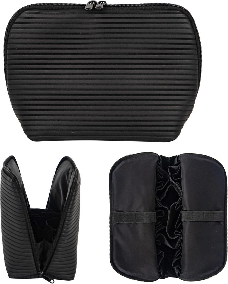 Travel Makeup Bag - Waterproof Stand Up Cosmetic Organizer with Brush Holders | Medium Black Design for Skincare & Toiletries