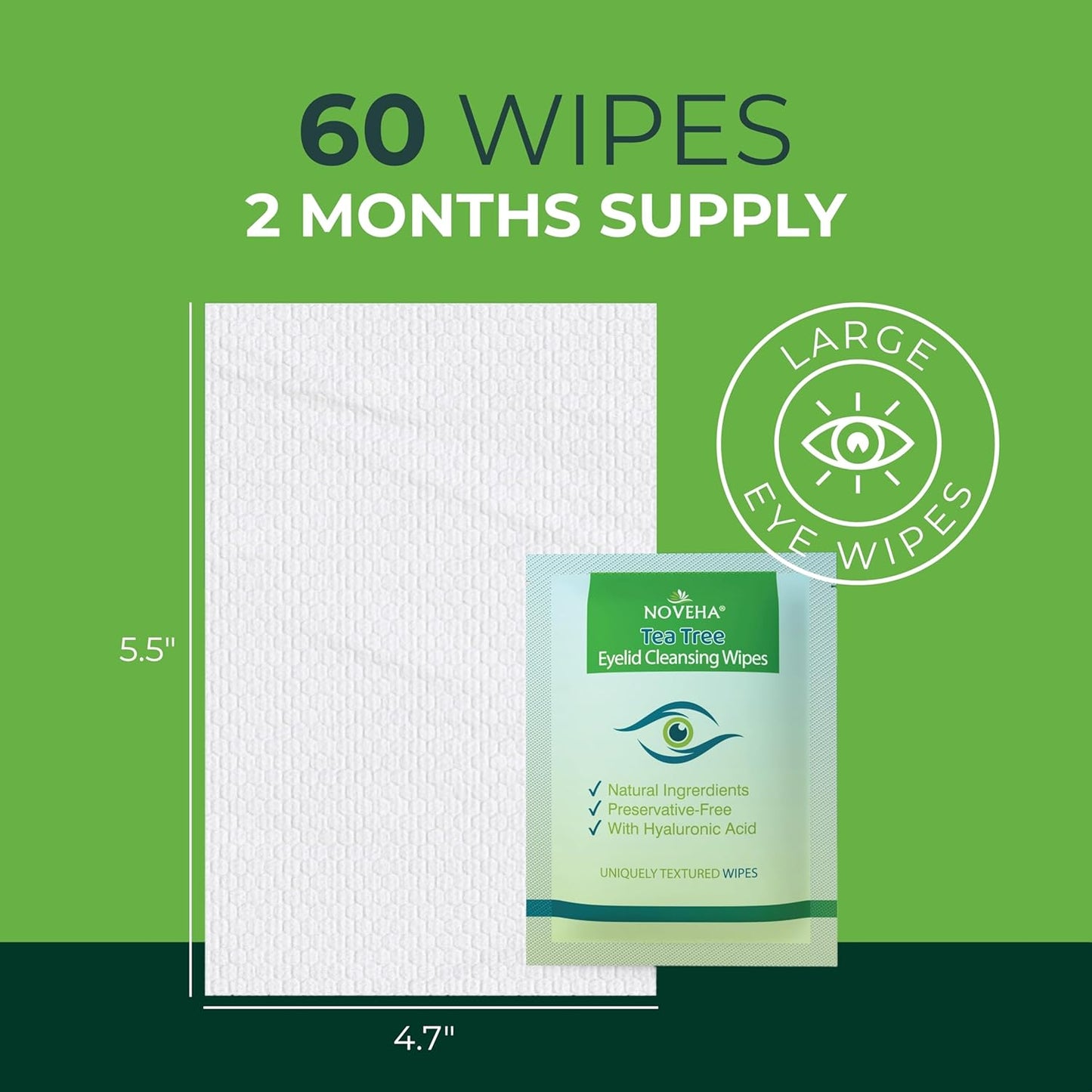 NOVEHA Tea Tree Oil Eyelid & Lash Wipes - Hyaluronic Acid, Green Tea & Chamomile | 60 Individually Wrapped Cleansers for Blepharitis & Itchy Eyes