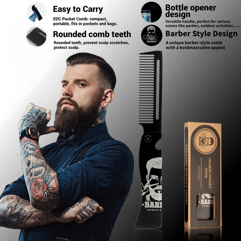 Men's Metal Folding Pocket Beard & Mustache Comb, EDC Knife Comb with Bottle Opener for Outdool Travel - Anti-Static for Hair Styling Pompadour, Slicked-back, Fauxhawk, Undercut - Black