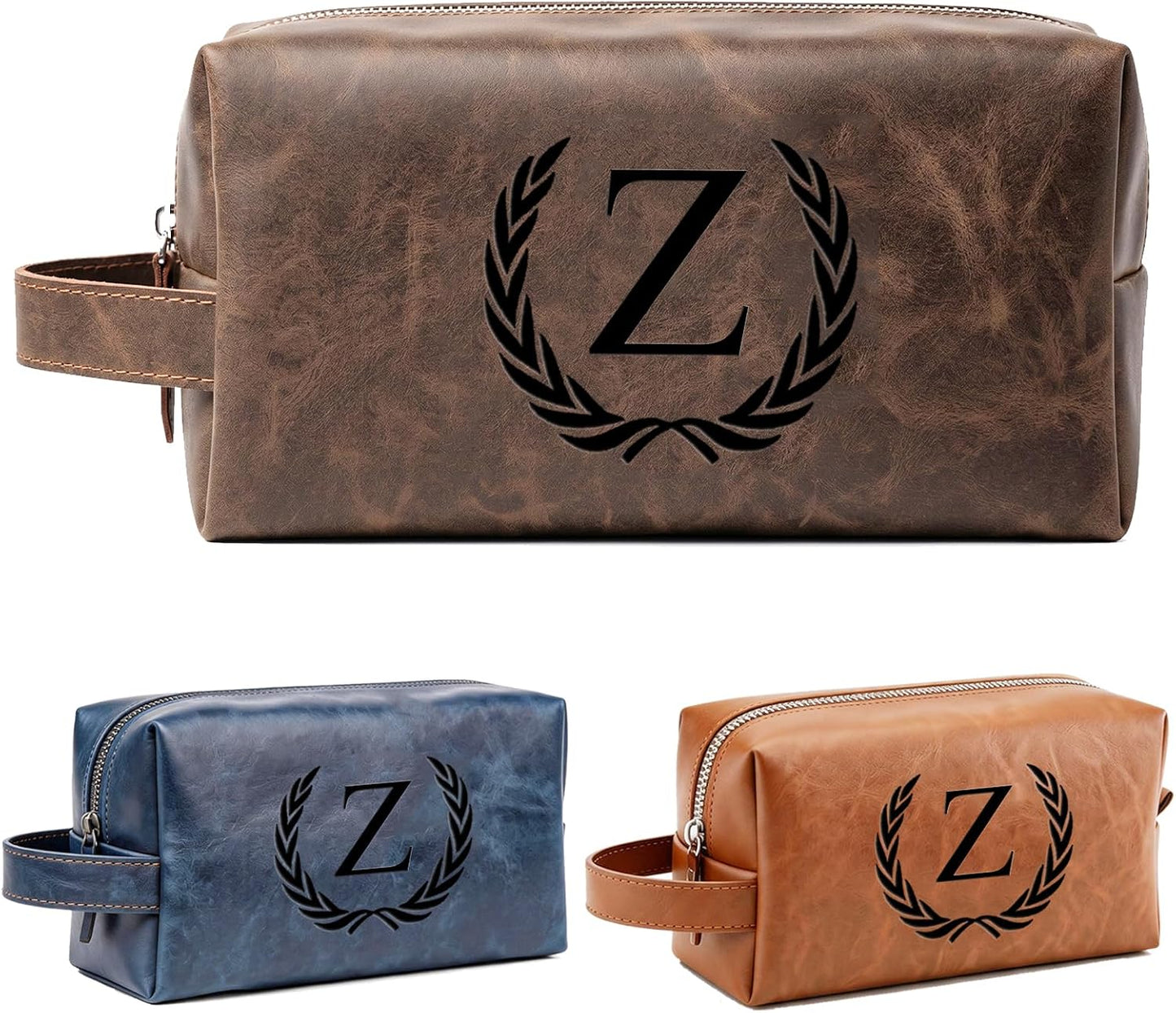 Personalized Leather Toiletry Bag for Men | Engraved Initial Waterproof Travel Bag - Dark Brown