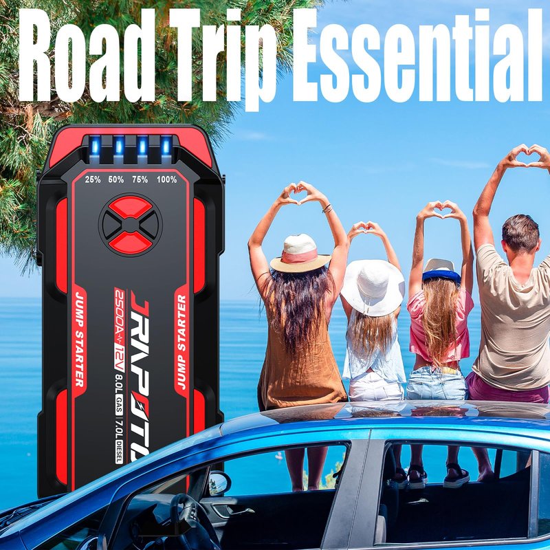 JRAPOTU Car Jump Starter, 2500A Peak Jump Box,Battery Jumper Starter Portable,12V Car Starter Jump Box for 8.0L Gas and 7.0L Diesel Cars with USB Ports，LED Flashlight