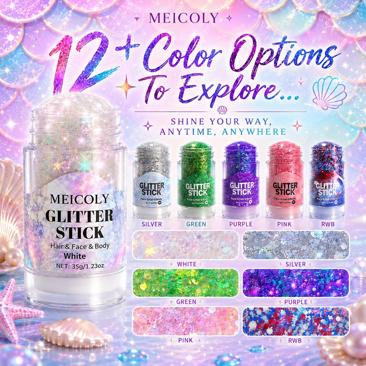 MEICOLY Jumbo 1.23 OZ Forest Green Hair Glitter Stick for Women Rave Outfit,Sparkling Face Glitter Stick for Christmas,St Patricks Day Accessories Body Glitter & Alien Fairy Costume