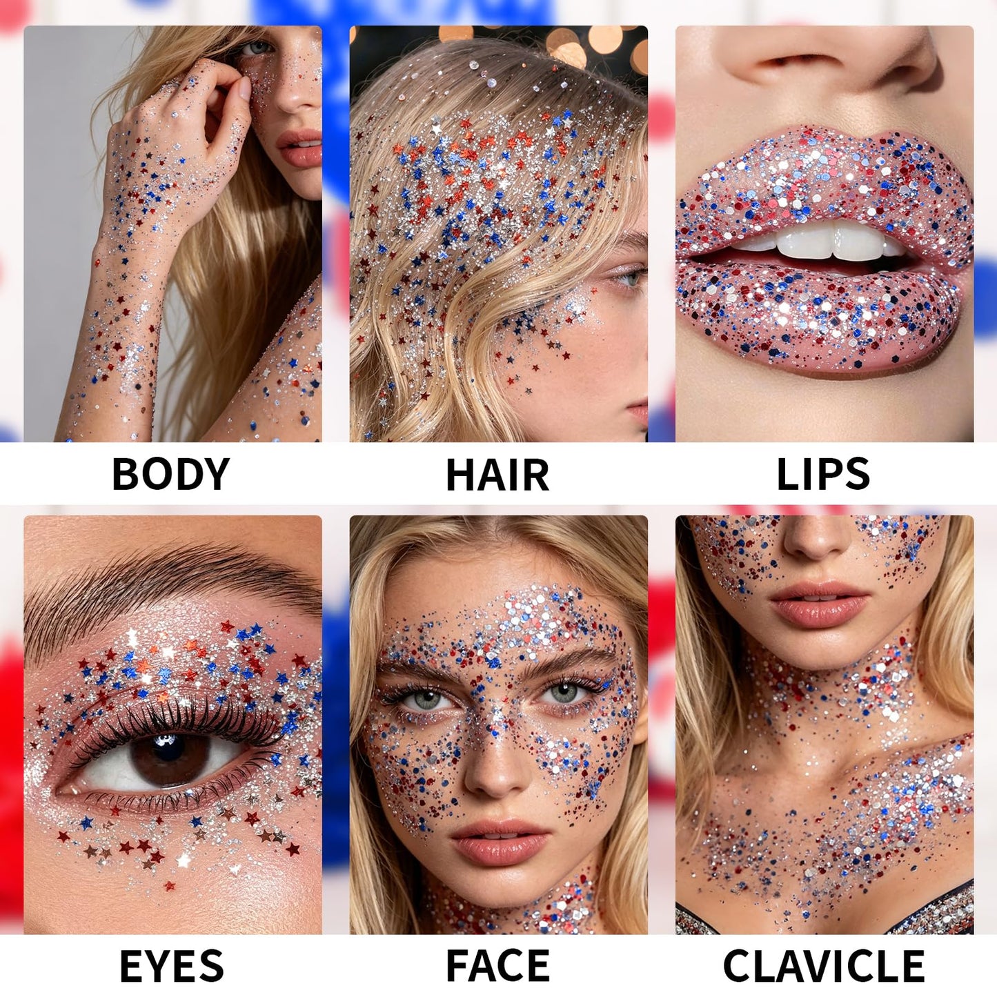CAHOTO Hex Glitter Stick, Red White Blue Hexagon for Face Body Hair, Patriotic Pride USA Flag Sparkling Sequins for Independence Day 4th of July Memorial Day Semiquincentennial 250 Anniversary, 1.2oz