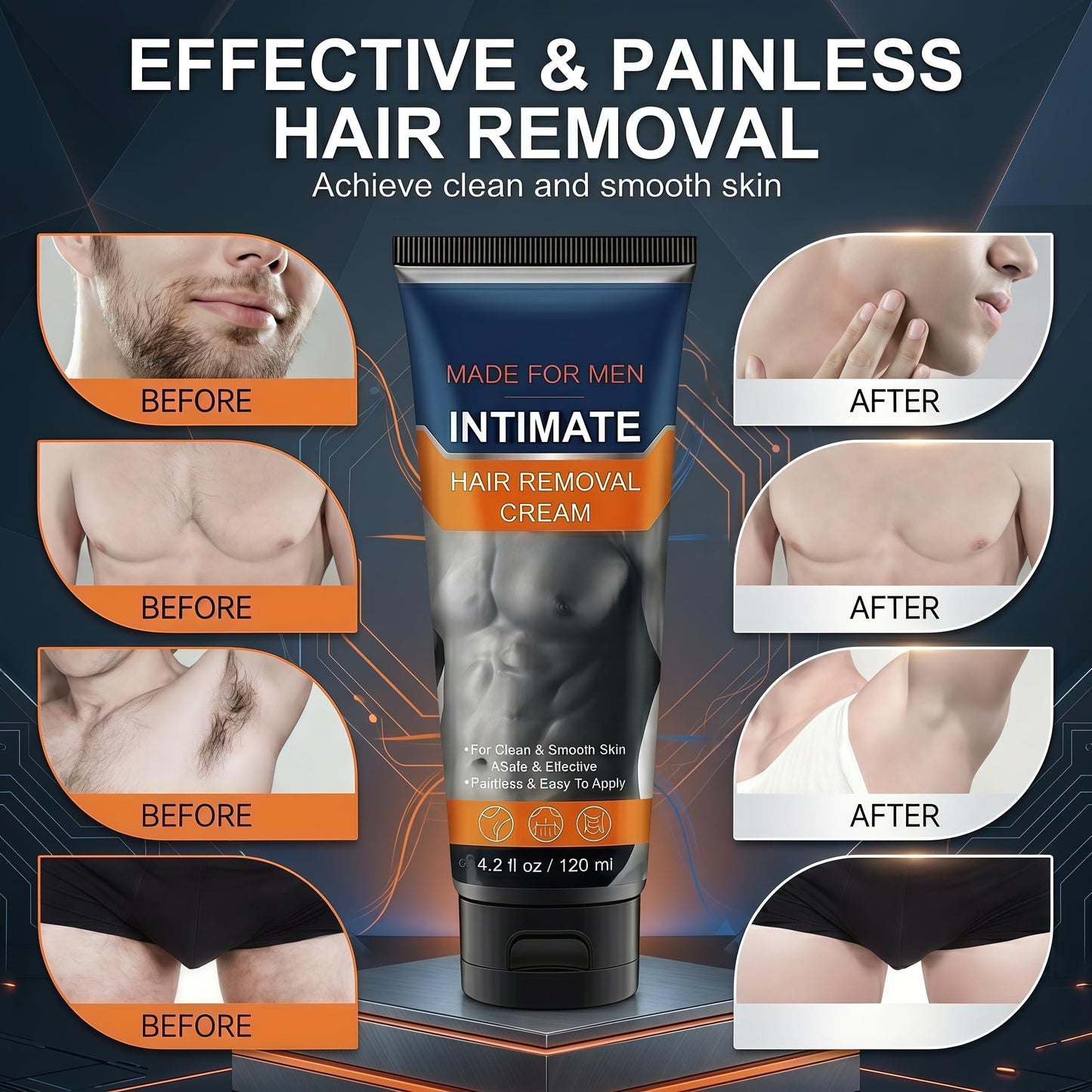 Intimate Hair Removal Cream for Men, Sensitive Skin Formula with Aloe Vera & Vitamin E, Painless Depilatory Cream for Private Parts, Chest, Back and Legs, 4.2 fl oz