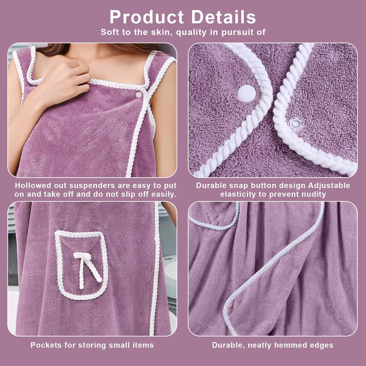 Unisex Bath Towel, Wearable After Bath Towel Set, Wearable Quick Dry Shower Gym Towel(53" x 31", Purple)