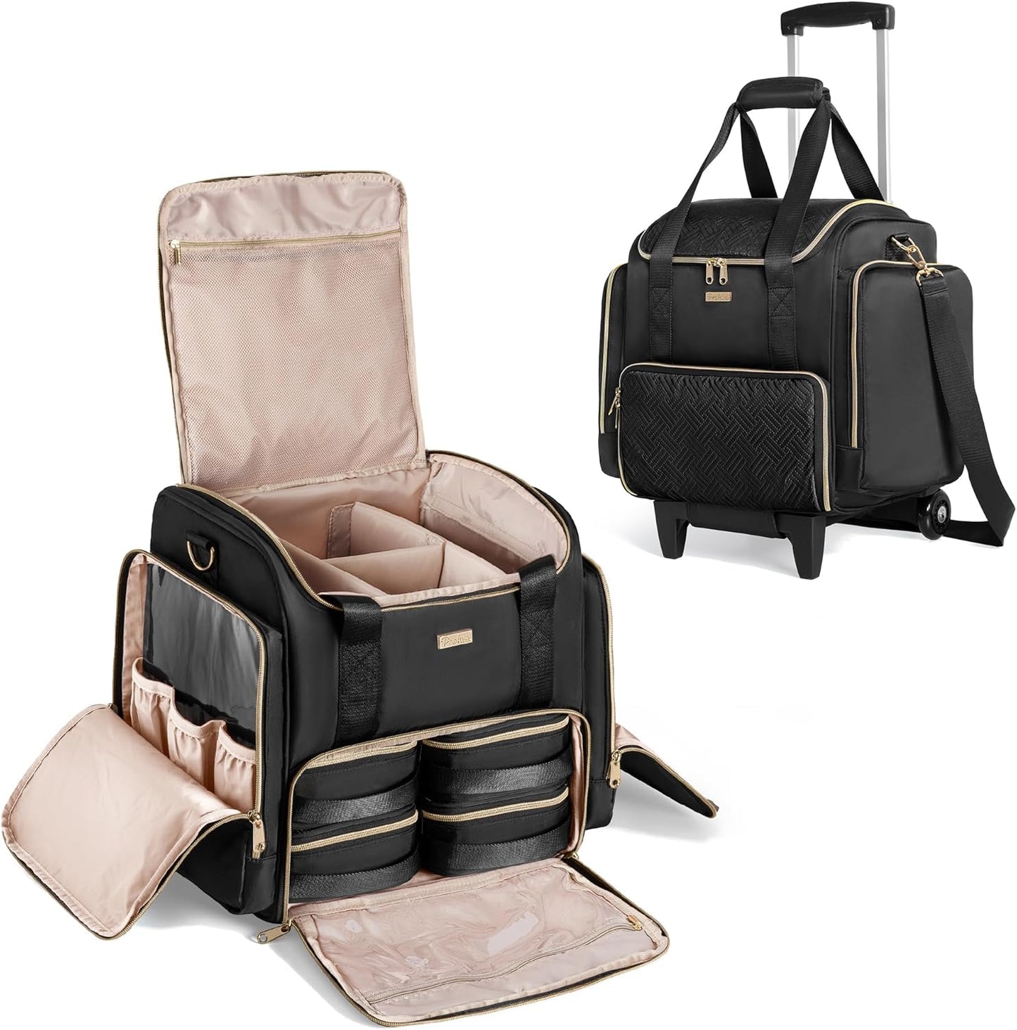 Rolling Makeup Case - Professional Makeup Train Case with 4 Removable Bags & Wheels | Pink Patent Design