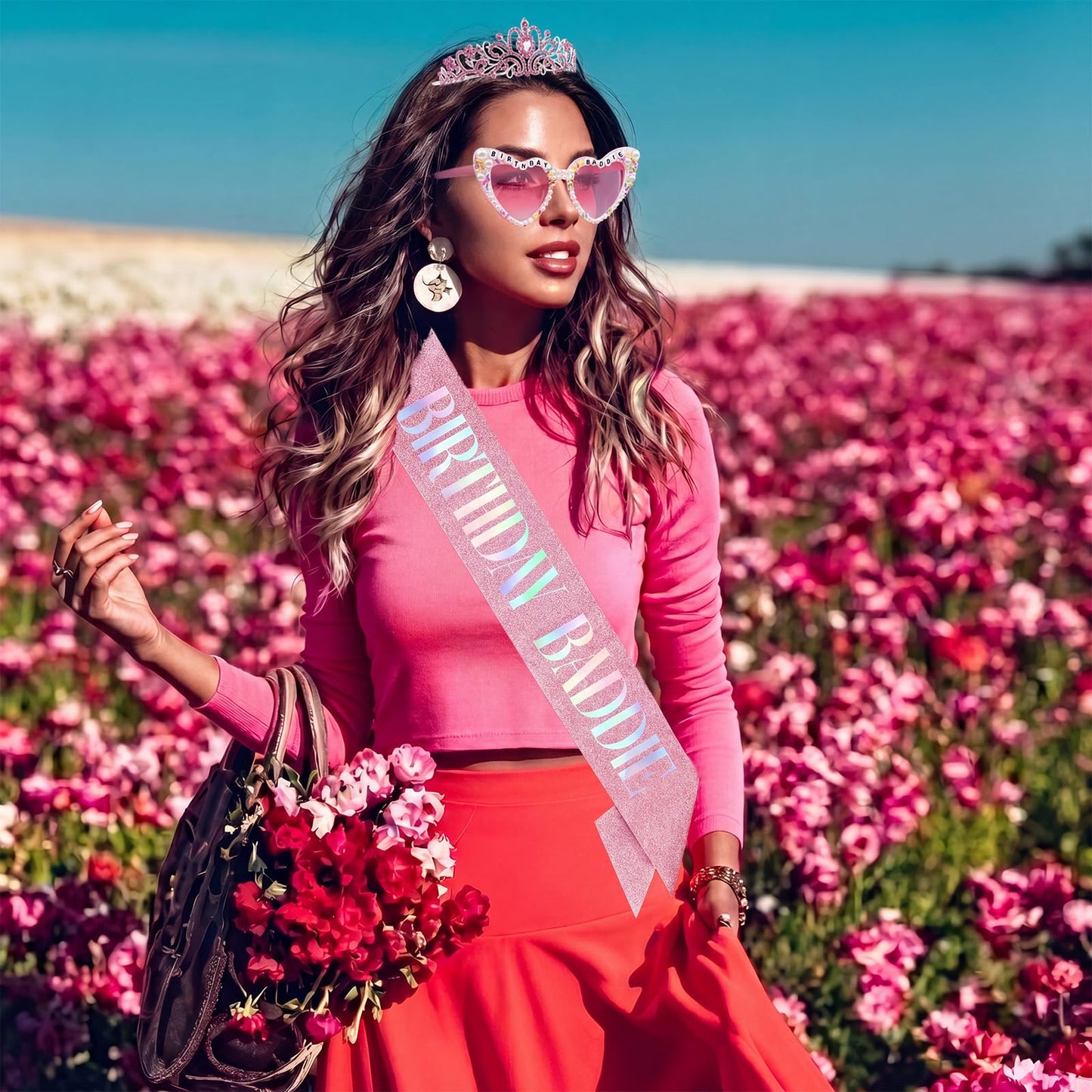 PcwBcn Birthday Baddie Glasses, Pink Birthday Queen Sash Tiara Crown for Women Girls, 3 Pcs Elegant Princess Headband Hair Accessories Happy Birth Party Decorations 21st-90th Mom Birth Gifts