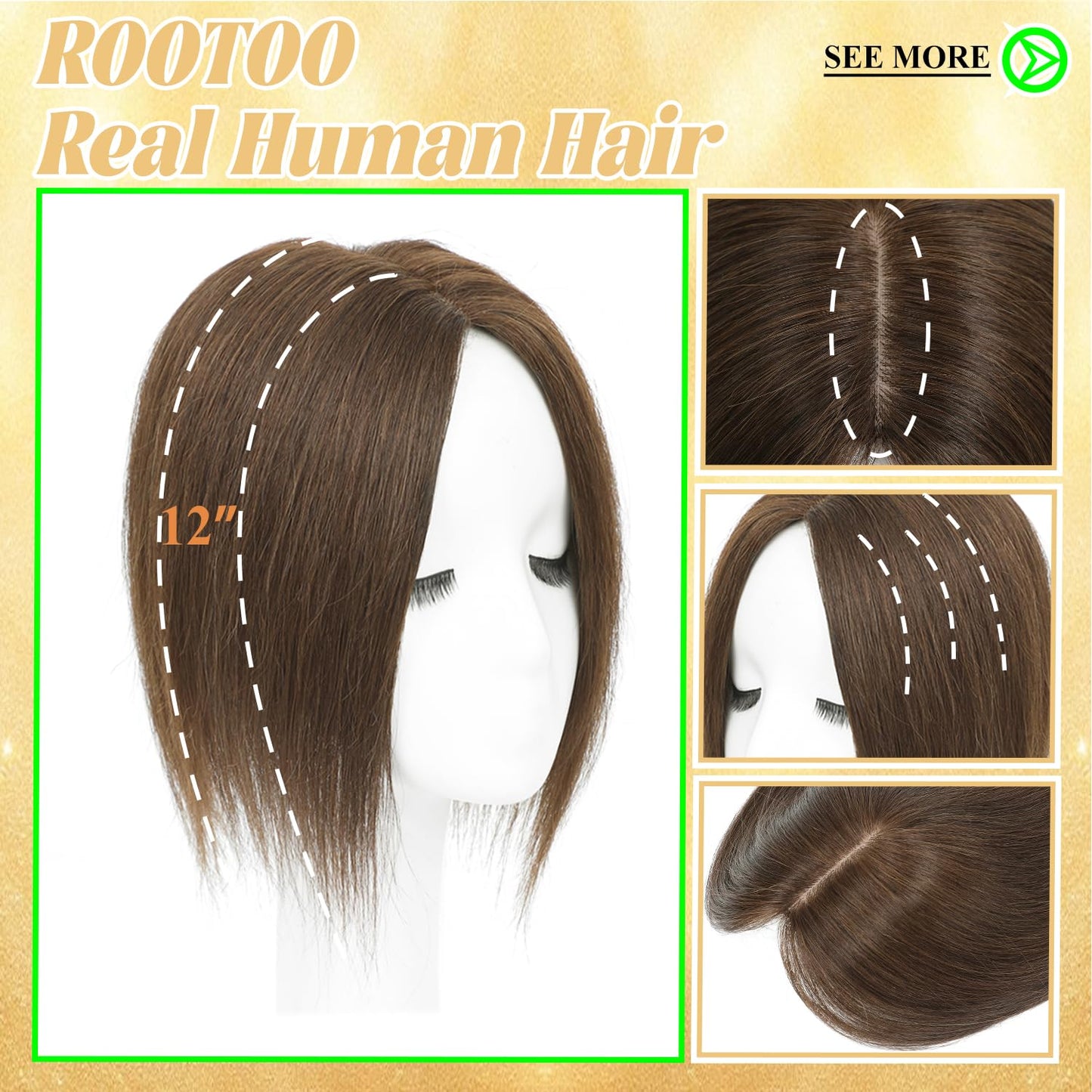 Rootoo Hair Toppers for Women Real Human Hair, 14 Inch Realistic Biological Scalp Topper Hair Pieces for Women with Thinning Hair, Clip in Curtain Bangs Big Base 360° Cover (Medium Brown, 12 Inch)
