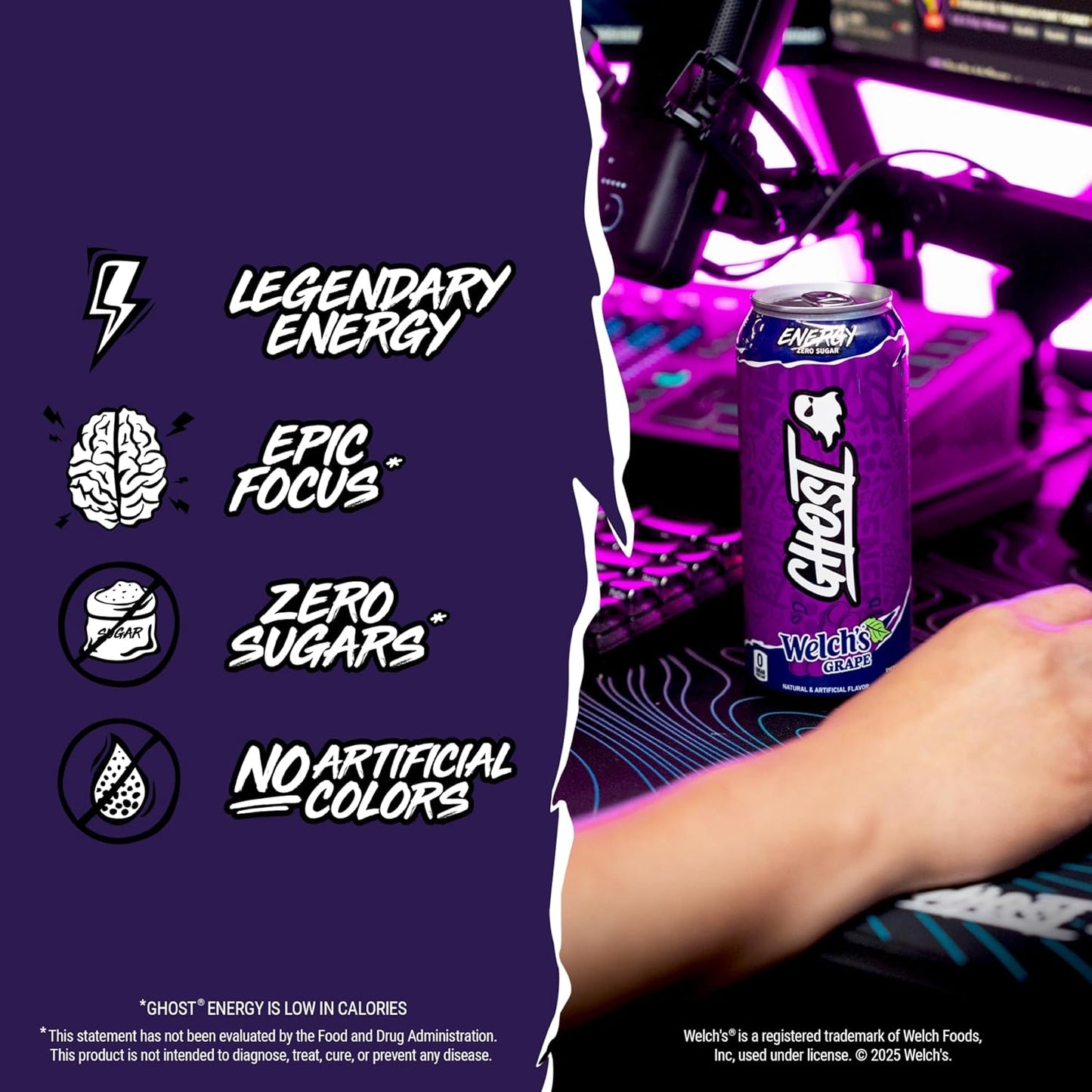 GHOST Energy Drink - 12-Pack Welch's Grape 16oz Cans | Natural Caffeine, Vegan & Gluten-Free Energy Boost