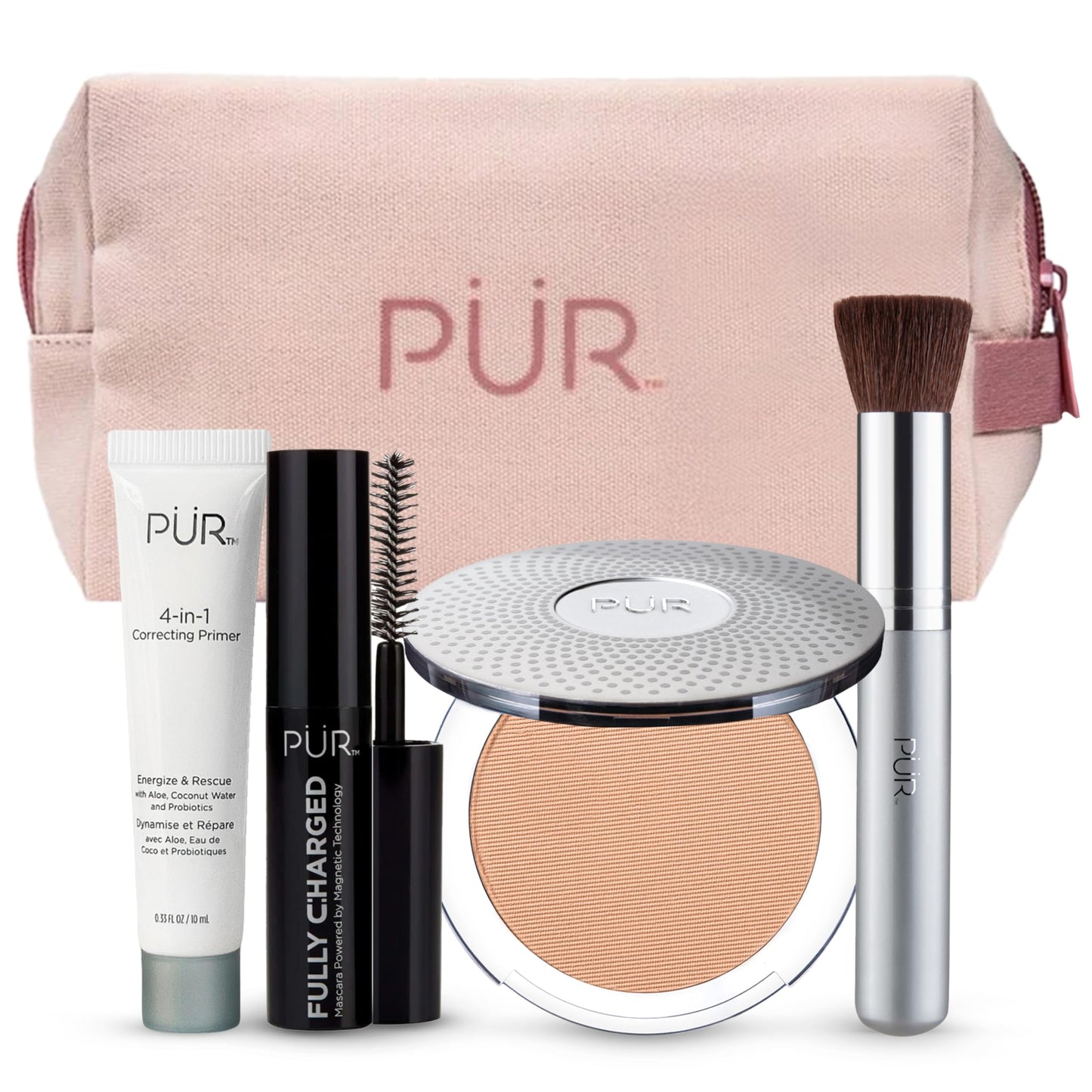PÜR MINERALS Multitasking Essentials Kit, Blush Medium - Makeup Gift Set Includes 4-in-1 Correcting Primer, Fully Charged Mascara, 4-in-1 Pressed Mineral Powder & 1 Chisel Brush