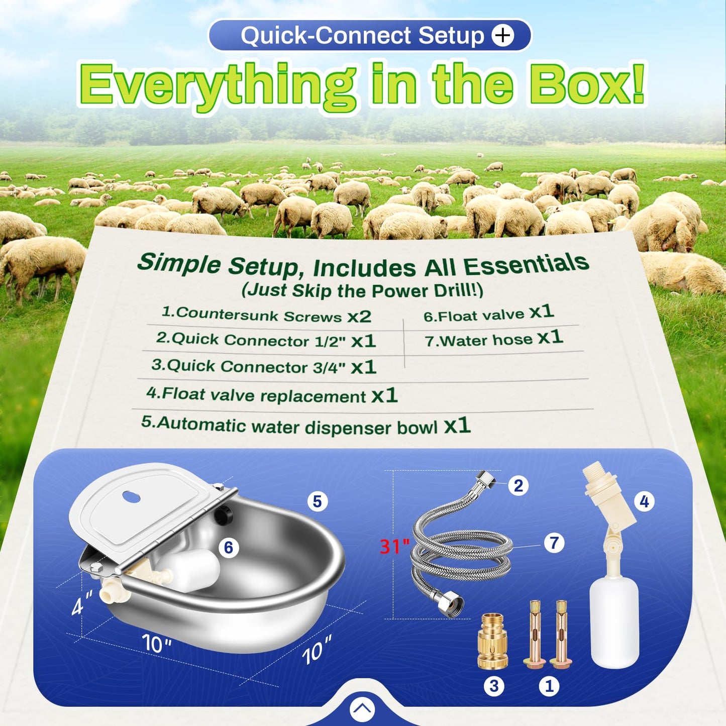 Automatic Animal Drinking Water Bowl with Float Valve, Standard Pipe, Stainless Steel Waterer Feeder Farm Dog Dispenser Kit Self Filling for Livestock Horse Goat Water Trough
