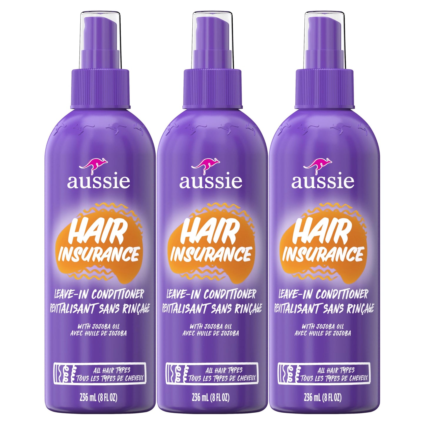 Aussie Hair Insurance Leave-In Conditioner Spray: Moisturizing Frizz Control & Detangler with Jojoba Oil (8 Fl Oz Each, 3-Pack)