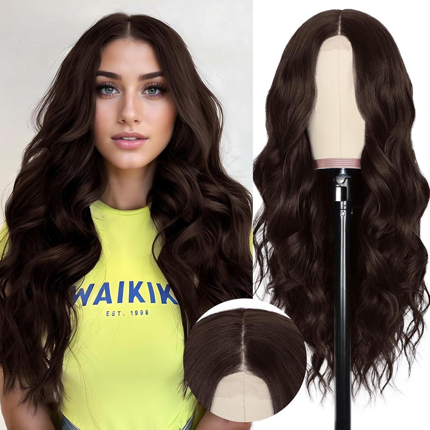 NAYOO Brown Wigs for Women - Long Curly Wavy Hair | Heat Resistant Synthetic Fiber, 24 Inches