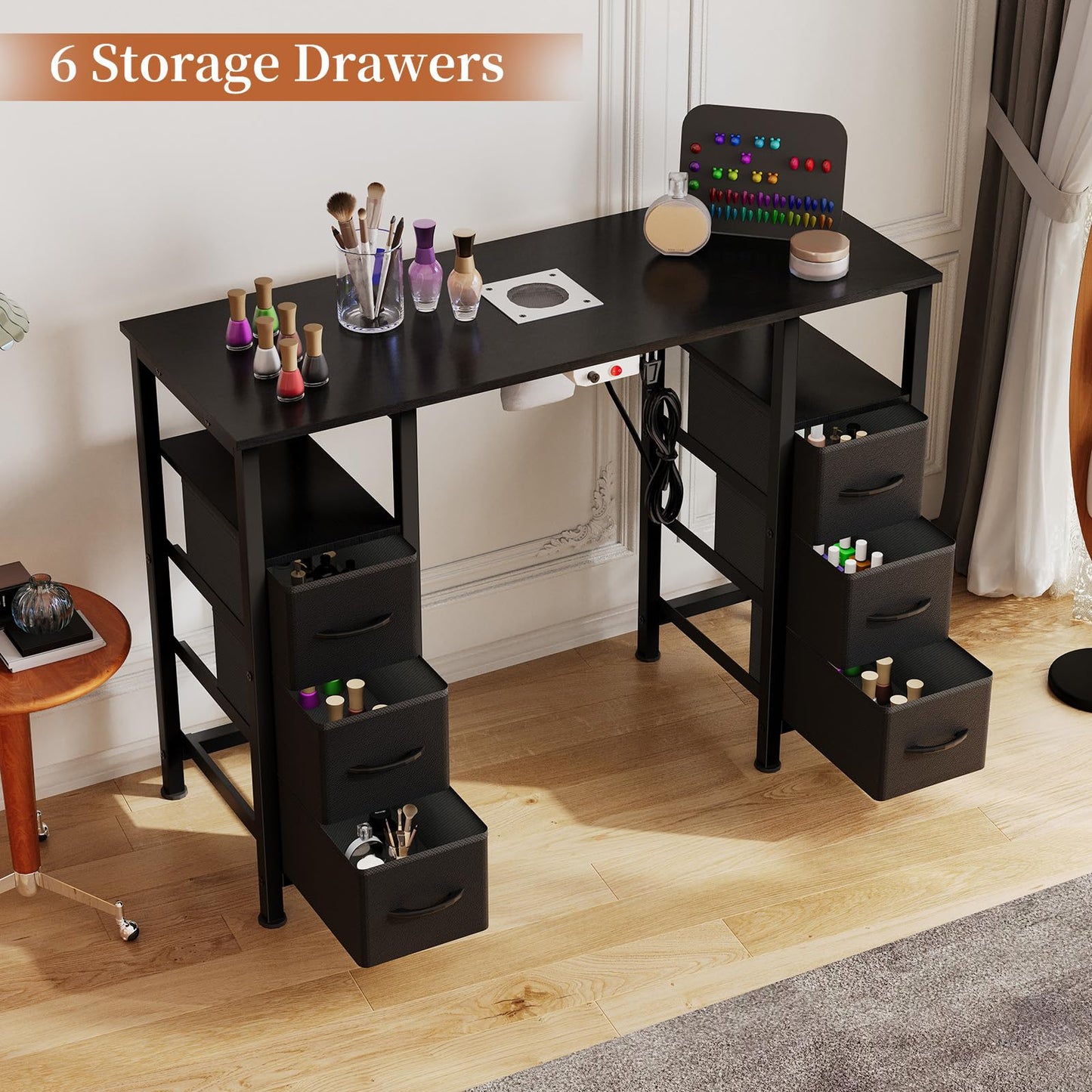 WODRAWER Manicure Table Nail Desk for Nail Tech, Nail Beauty Table w/Electric Dust Collector & 6 Storage Drawers & Open Shelves for Home, Workshop, Makeup Beauty Salon Workstation