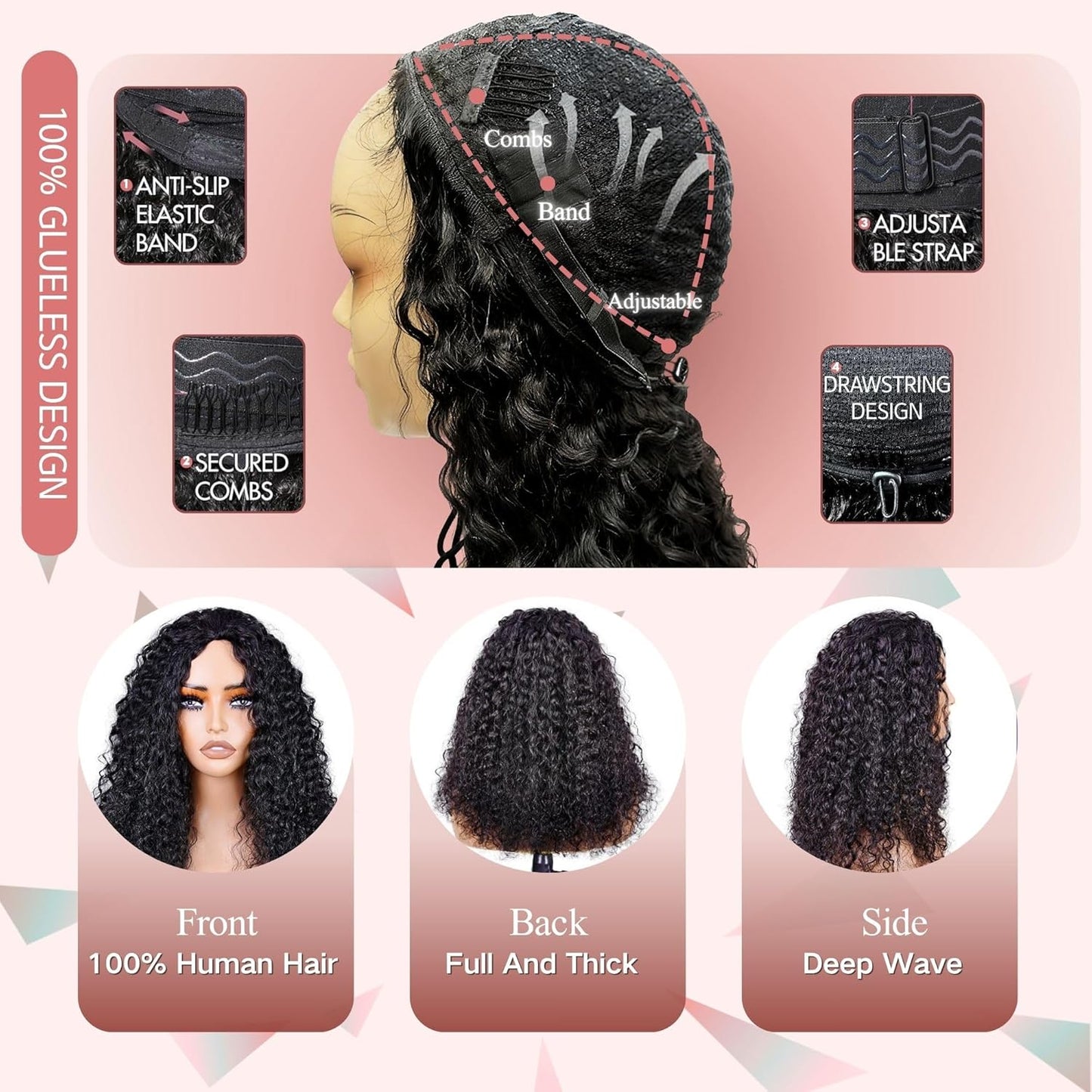 Deep Wave Half Wig - 24-Inch Human Hair Curly Wig for Black Women | 200% Density, Glueless, Beginner-Friendly