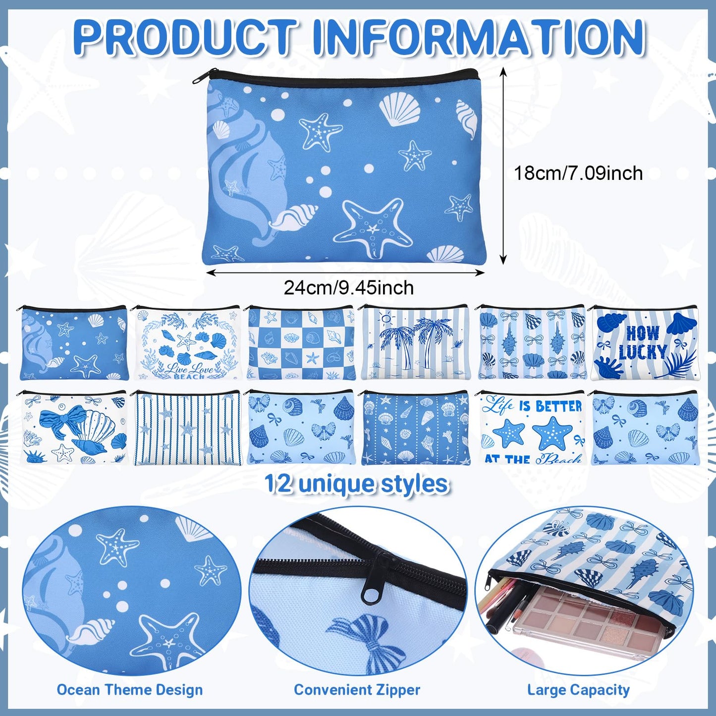 24 Pcs Ocean Themed Cosmetic Bags Bulk Gifts Include Blue Coastal Canvas Zipper Makeup Bags Ocean Keychain Starfish Seashell Portable Travel Toiletry Pouches for Girl Summer Beach Birthday Supplies