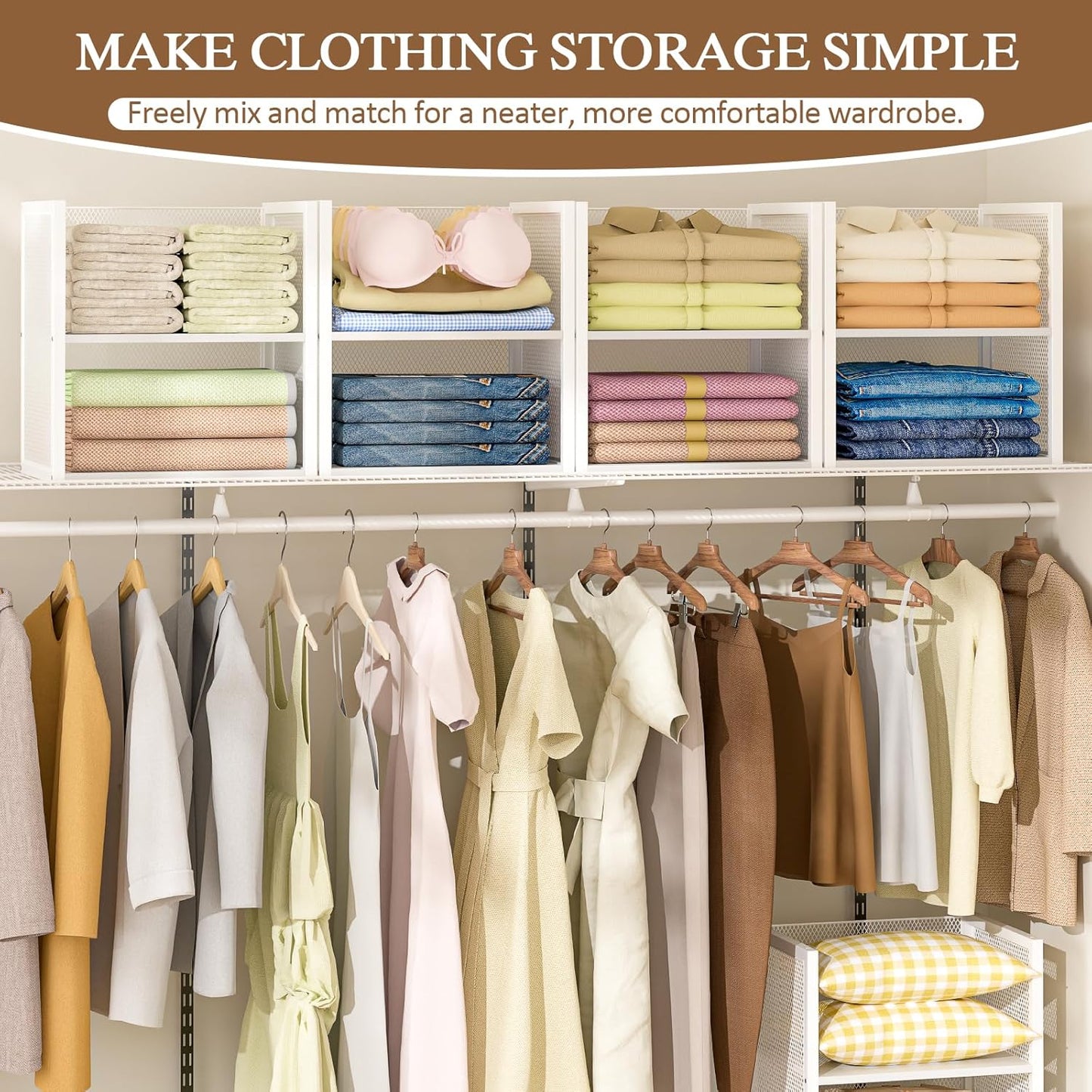 4-Tier Stackable Closet Organizer - Multifunctional Wire Storage Bins for Wardrobe, Kitchen & Laundry | White