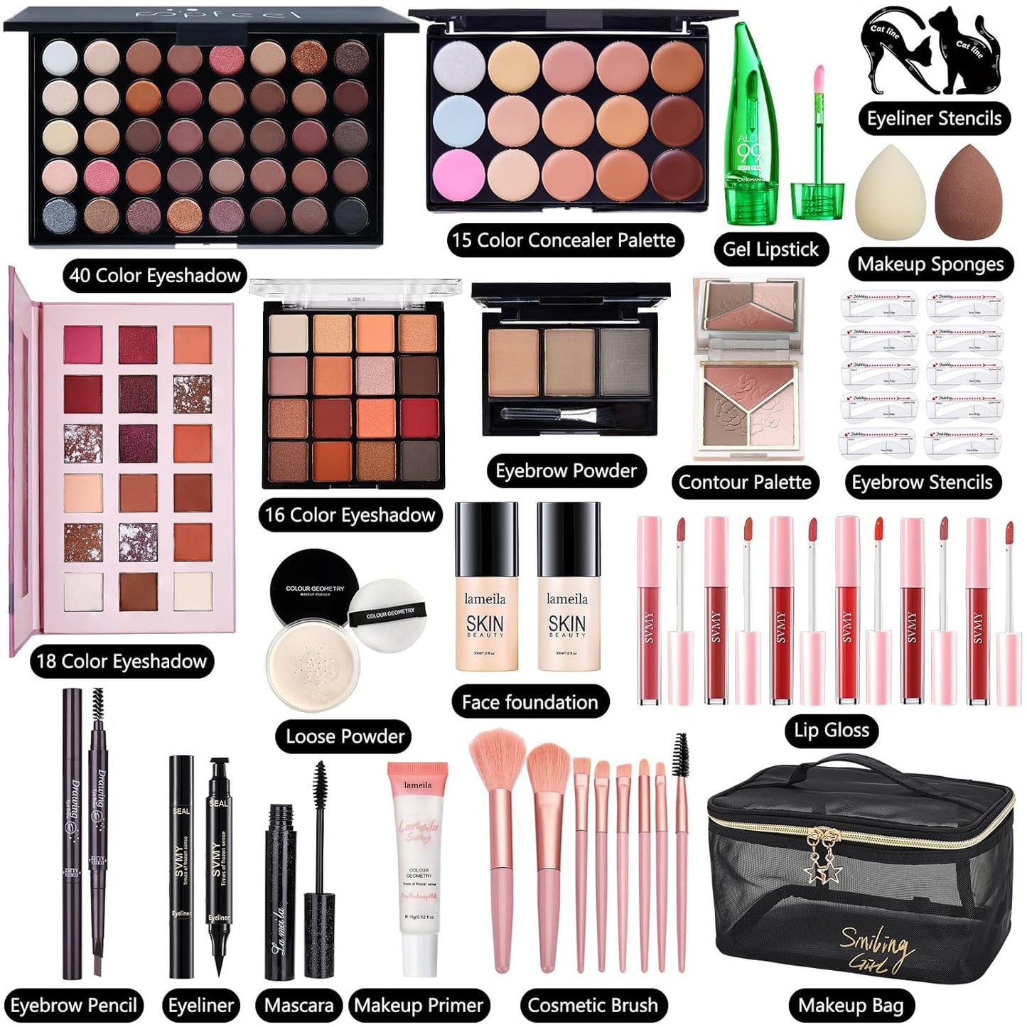 All-in-One Makeup Kit for Women - Essential Gift Set with Foundation, Eyeshadow, Lipstick & Brushes | Complete Makeup Bundle