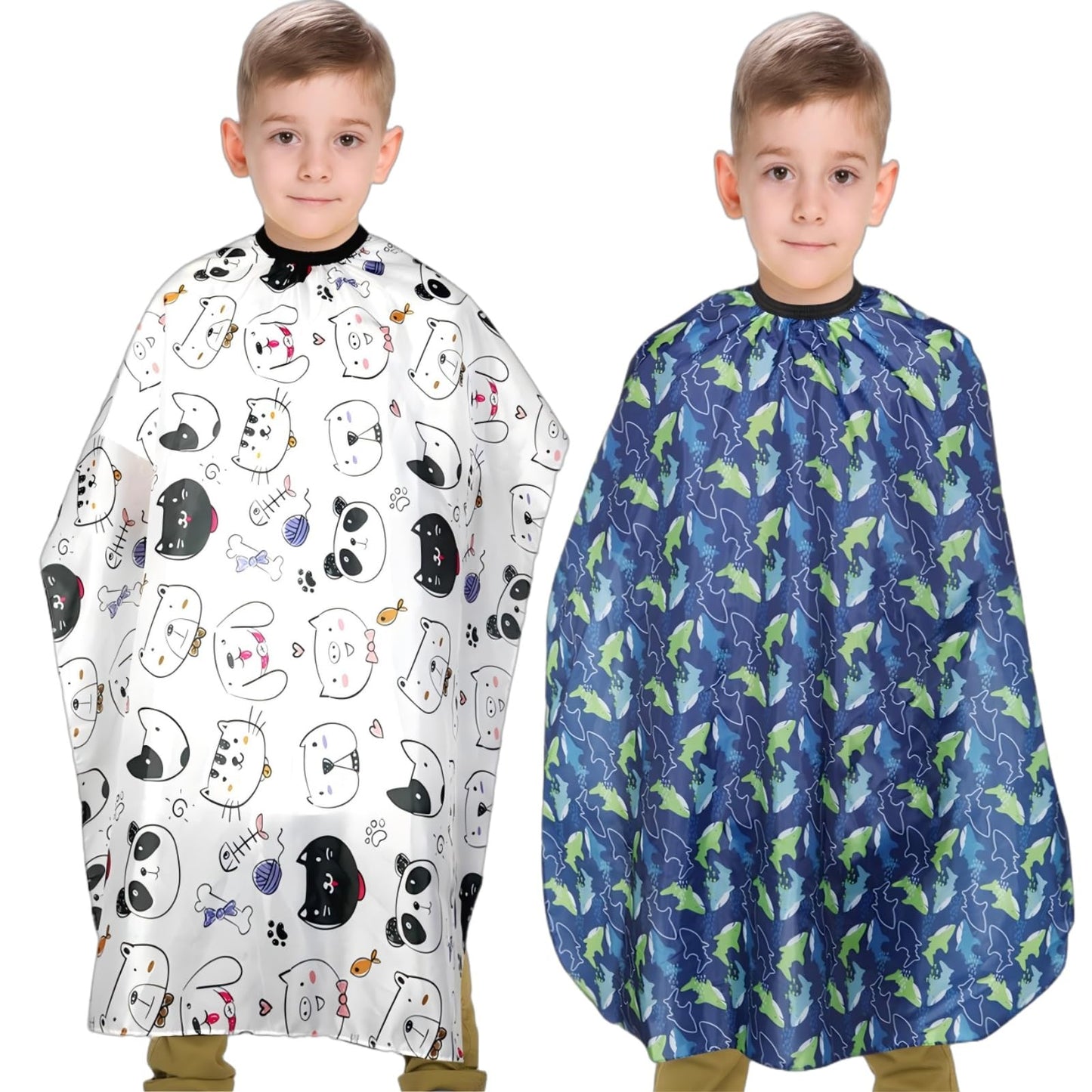 Kids Hair Cutting Cape (2 Pack) Professional Children Salon Barber Apron for Boys and Girls (Cartoon Cat & Cartoon Fish)