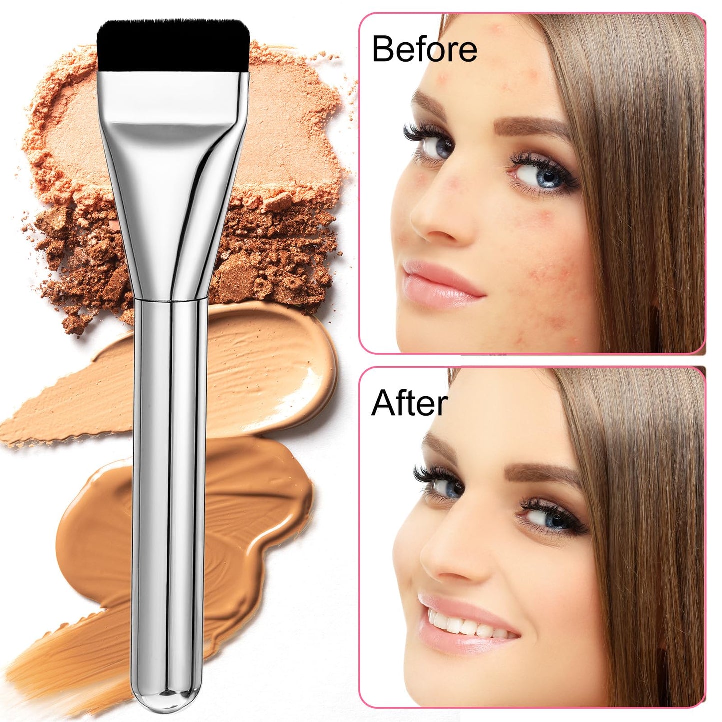DOPENSPI Makeup Mixing Palette with 2PCS Flat Foundation Brush and Spatula and Powder Puff, Stainless Steel Makeup Palette Tray Cosmetic Palettes with Spatula Tool for Liquid Powder Cream