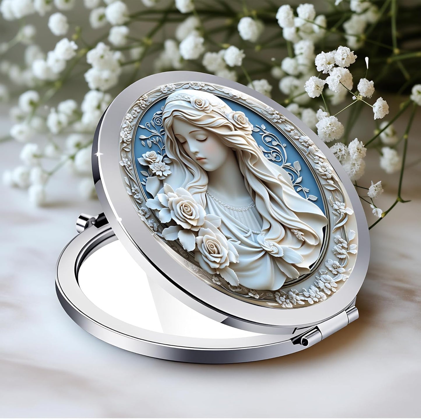 Compact Double-Sided Makeup Mirror - Silver Folding Design with Blue Lotus Moon | 2.8x2.8 Inch Gift for Women