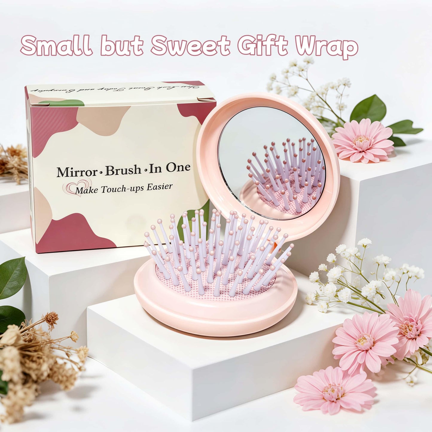 Arthaxi Compact Mirror with Mini Hair Brush, Small Gifts for Teen Girls, Peach Pink 1-Pack