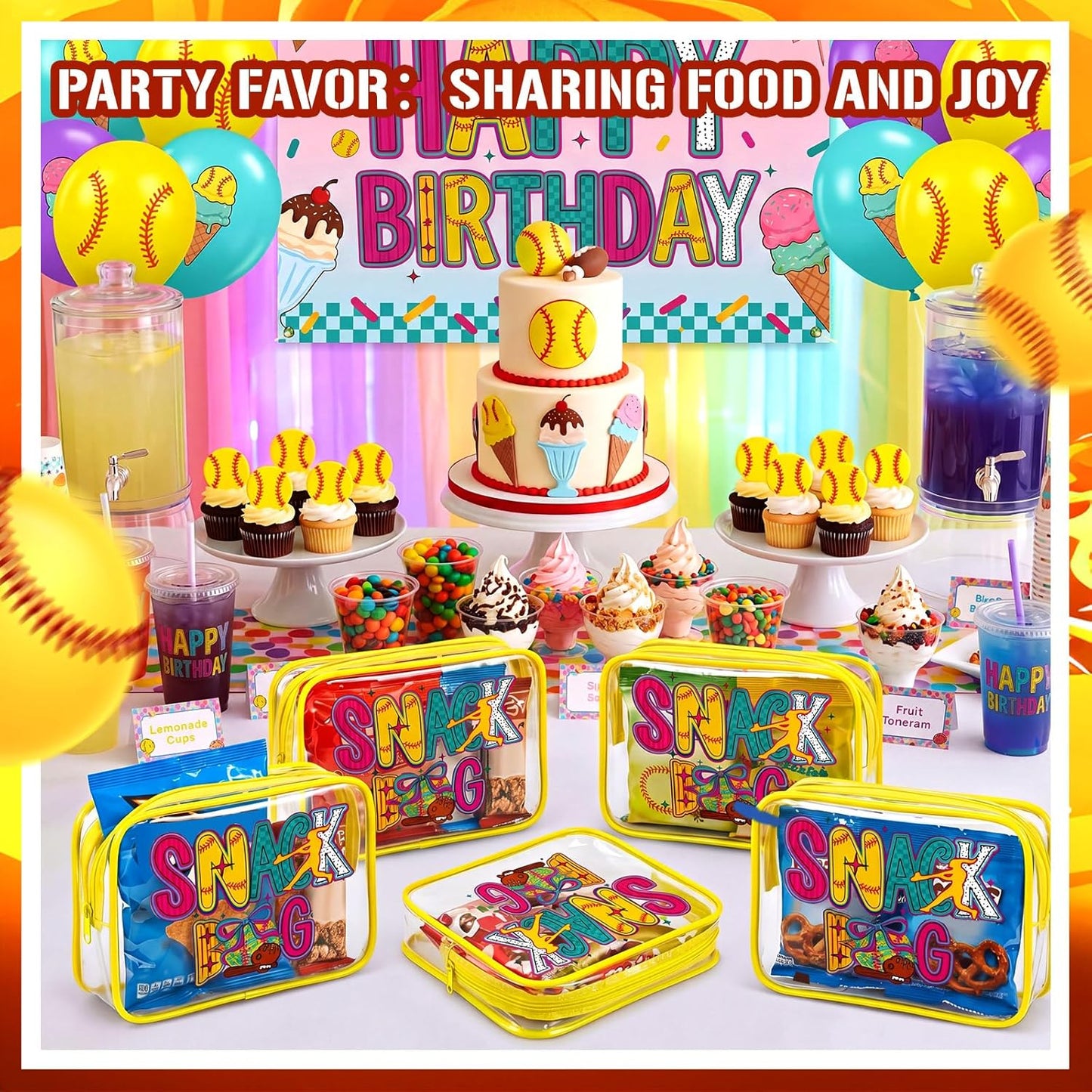 Softball Party Favors - 12 Pack Vivid Snack Bags for Girls | Clear PVC Cosmetic Case, 7.09 x 4.72 x 2.36''