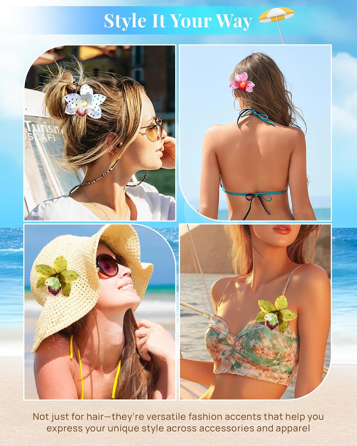 Hawaiian Flower Hair Clips - 3 Pack Tropical Orchid Hair Pins | Rhinestone Accessories for Weddings & Beach Parties (Pink)
