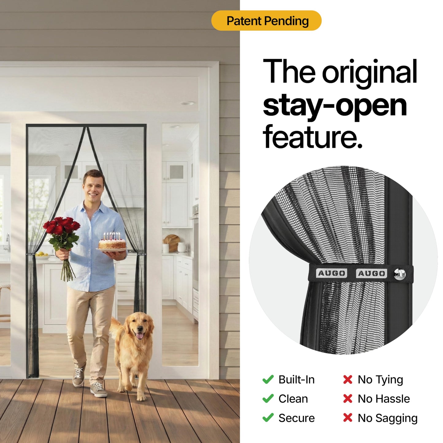 AUGO Magnetic Screen Door - Self Sealing, Heavy Duty, Hands Free Mesh Partition Keeps Bugs Out - Pet and Kid Friendly - Patent Pending Keep Open Feature - 38 Inch x 83 Inch
