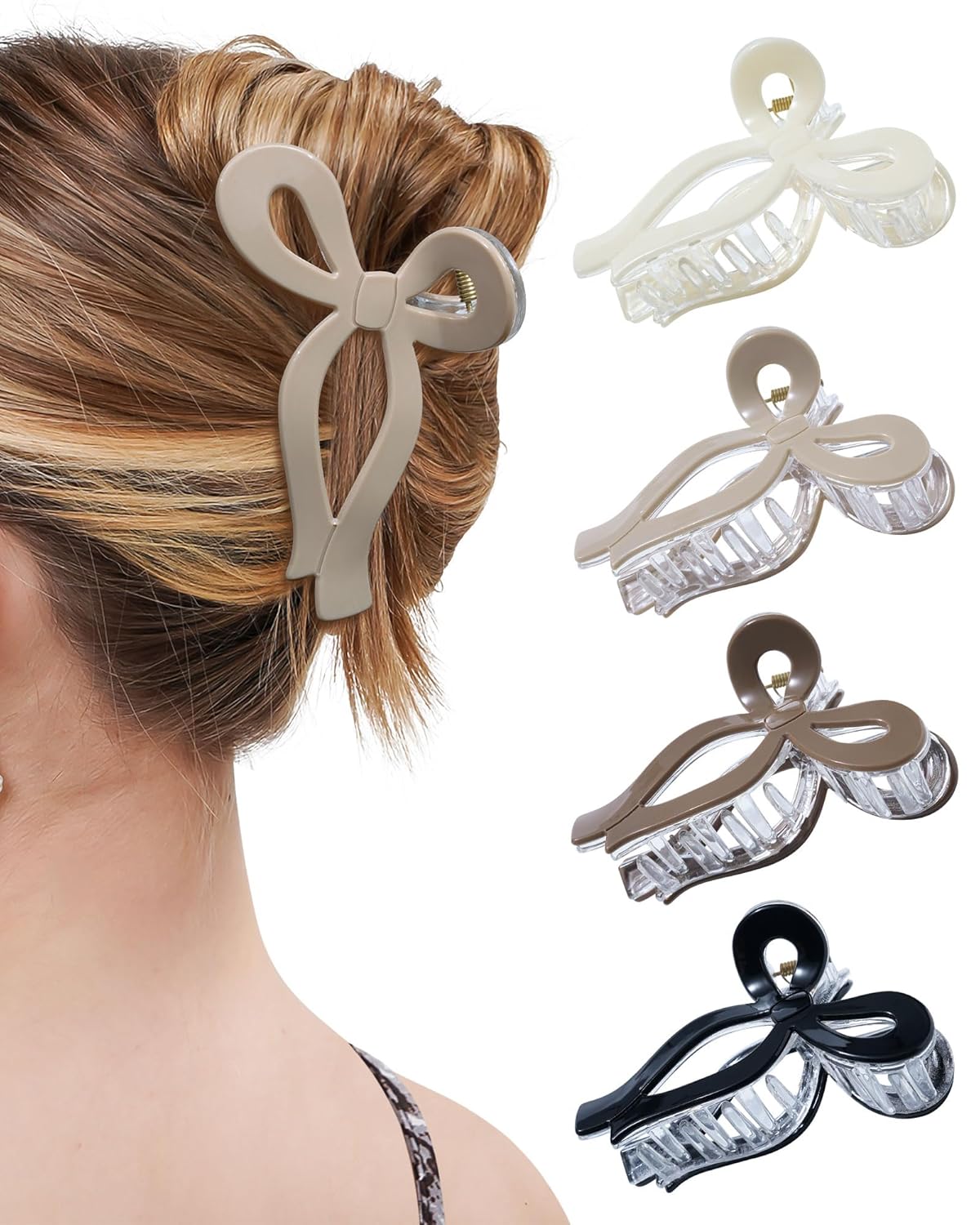 Bow Hair Claw Clips - 4 Pack Nonslip Large Grip for Women | Strong Hold Hair Jaw Clamps in Black, Burgundy, White, Red Polka Dots
