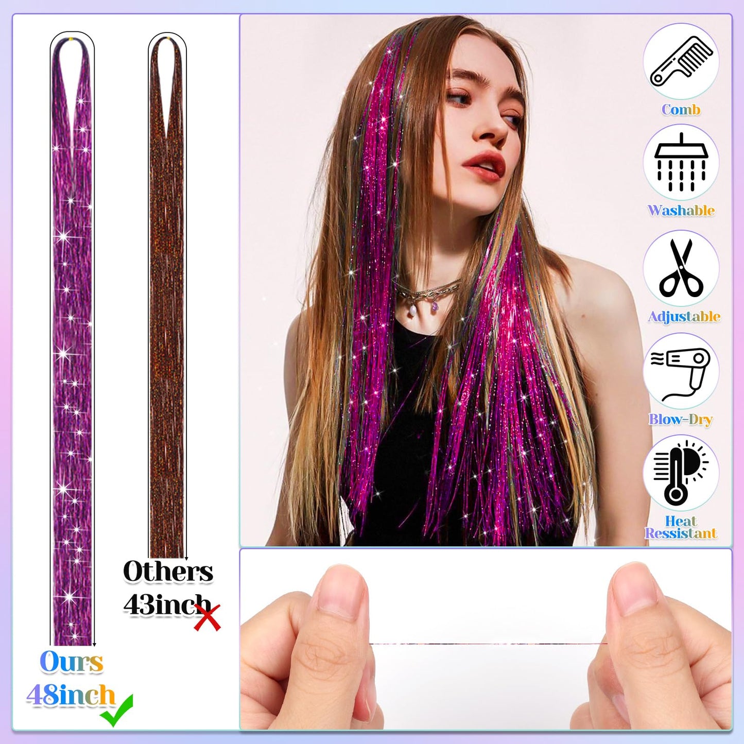 20 Colors Fairy Hair Tinsel Kit 4000 Glitter Strands 48Inch Heat Resistant Tinsel Hair Extensions Sparkling Shiny Highlights Hairs Tinsels with Tools for Christmas Halloween New Year Cosplay Party
