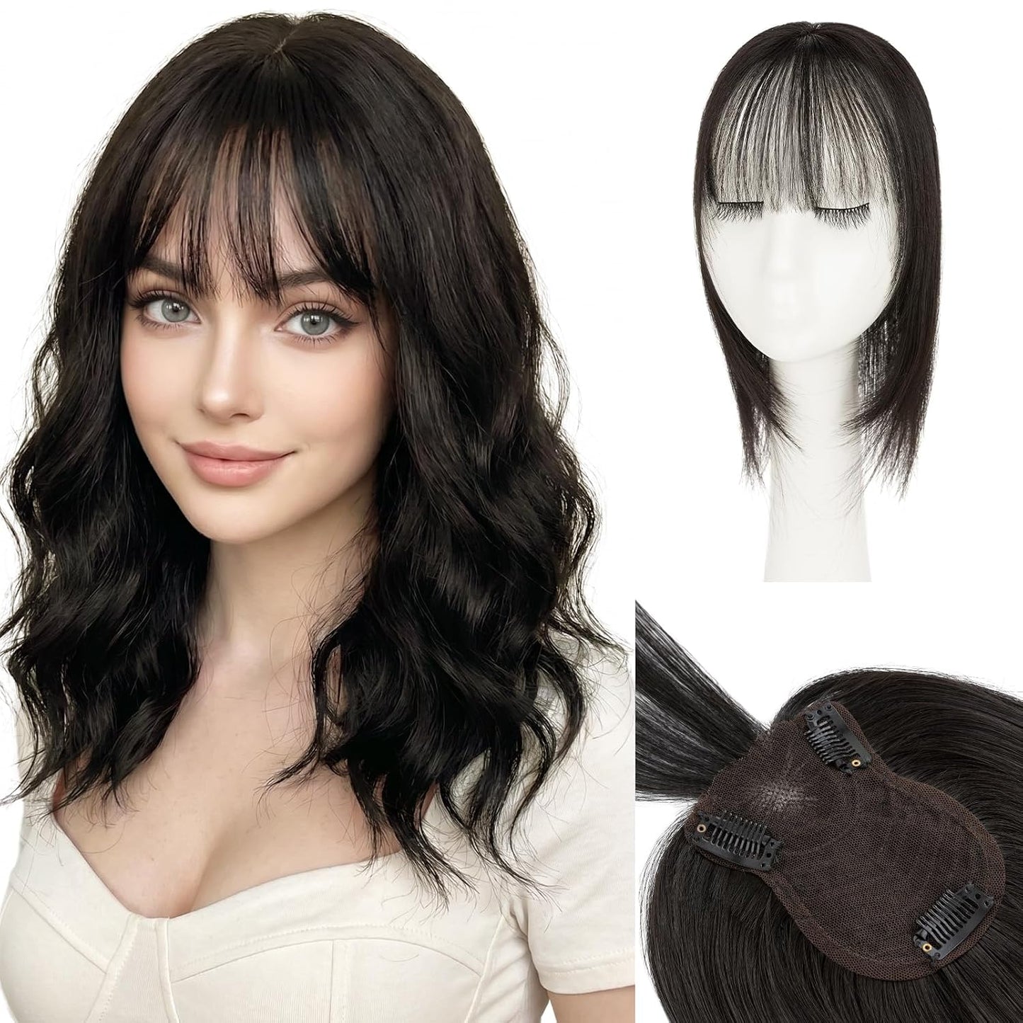 **Hair Toppers for Women - Real Human Hair with Curtain Bangs | 10-Inch Lace Base Clip-In Piece - #02 Dark Brown**