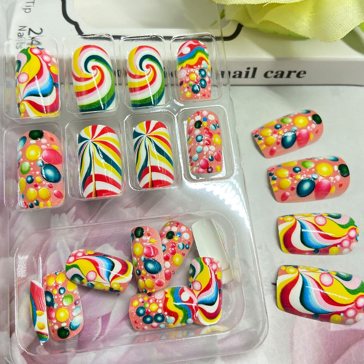 Rainbow Press on Nails Medium Square Fake Nails with Colorful Swirl Candy Design Cute False Nail Full Cover Reusable Stick on Nail for Women 24Pcs
