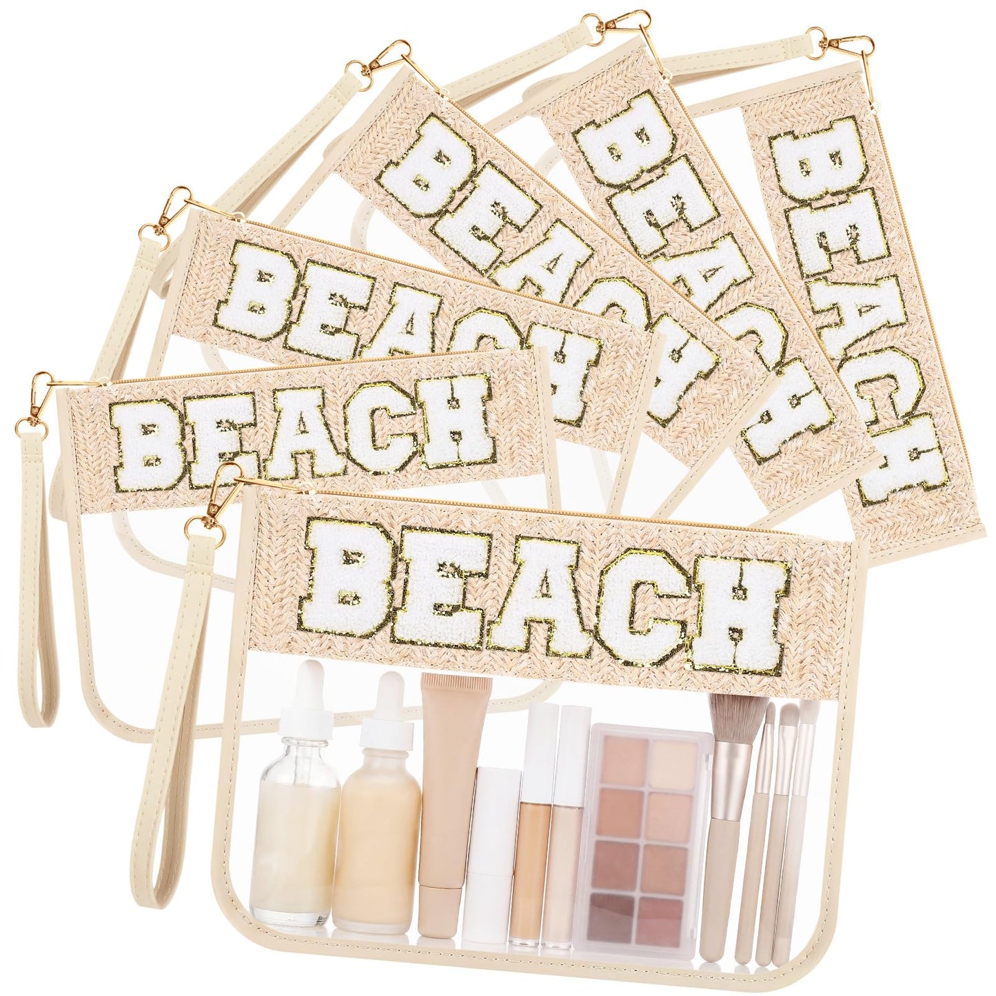 Kacctyen 6 Pcs Beach Bags Chenille Letter Straw Makeup Bag with Zipper Waterproof Cosmetic Toiletry Pouch with Handle Gym Travel Summer Gifts for Women Girls (Natural Straw, BEACH)