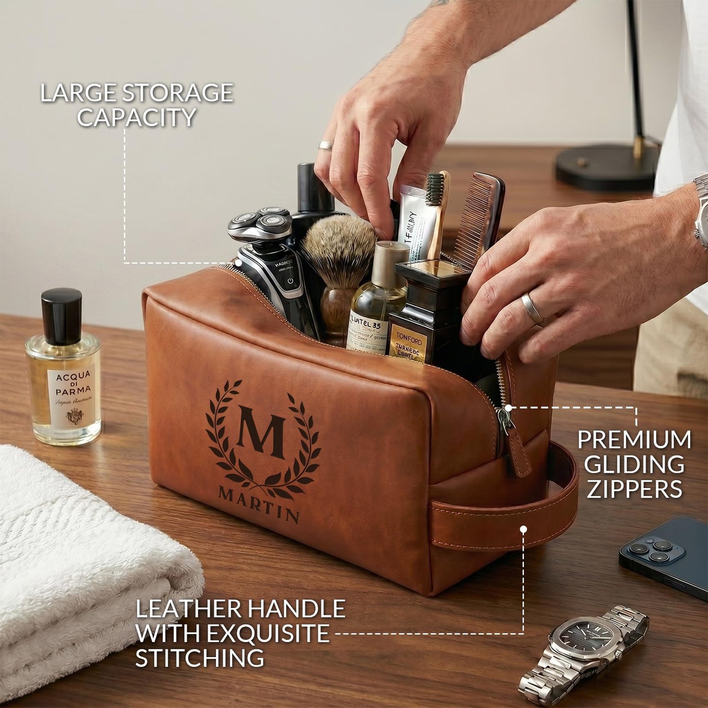 Aeekdook Personalized Toiletry Bag for Men, Engraved Name/Initial/Logo Waterproof Leather Travel Dopp Kit, Groomsmen Gifts Father's Day Birthday Gift for Men Husband Dad Boyfriend, Bulk Toiletry Bags