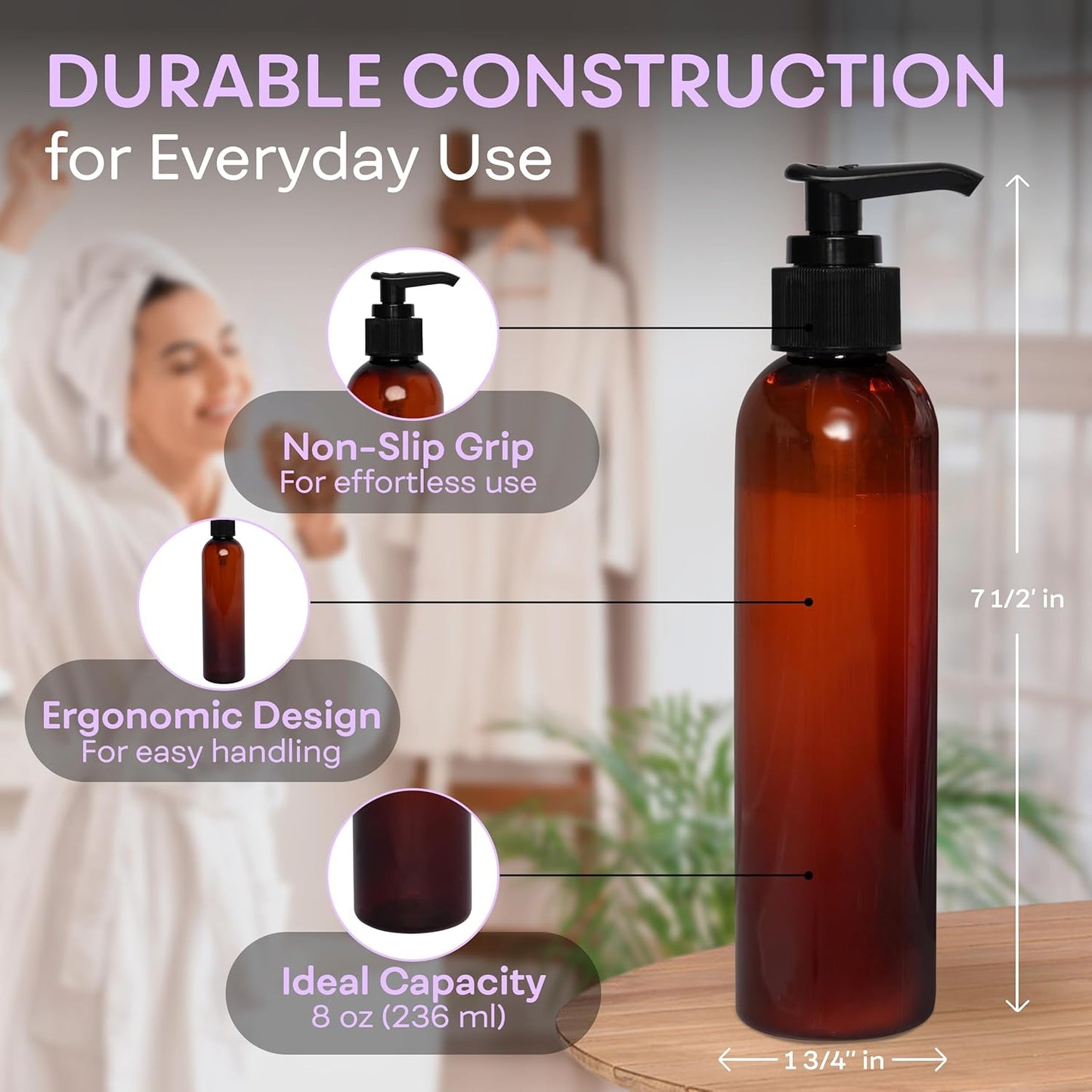 Lotion Pump Bottles - 8 Oz BPA-Free Refillable Amber Plastic Containers | Black Dispenser for Soap, Shampoo, Lotions & Creams (2 Pack)