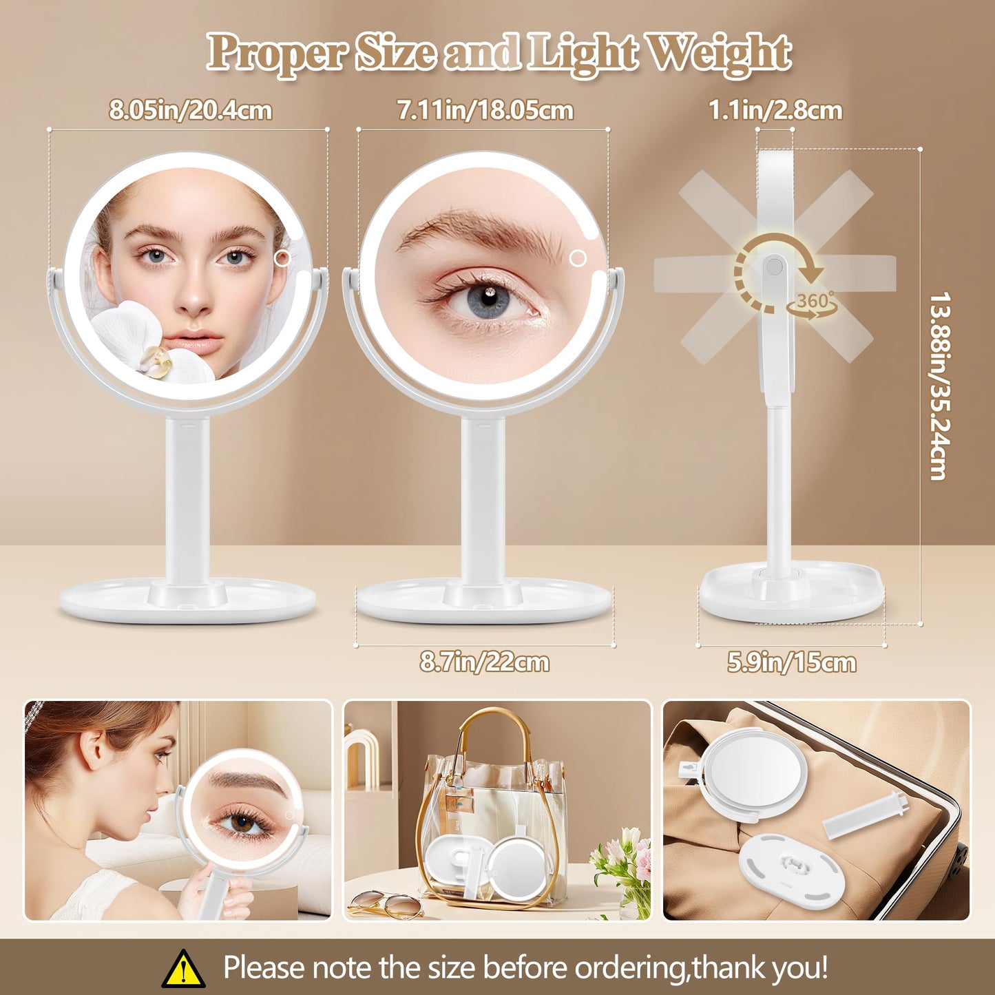 MOMOKUBA Makeup Mirror with Lights, Double Sided 1x/20x Magnifying Mirror with Light, Rechargeable 3 Color Lights and Adjustable Brightness, 360° Rotation Detachable Comes with Tweezer(White)