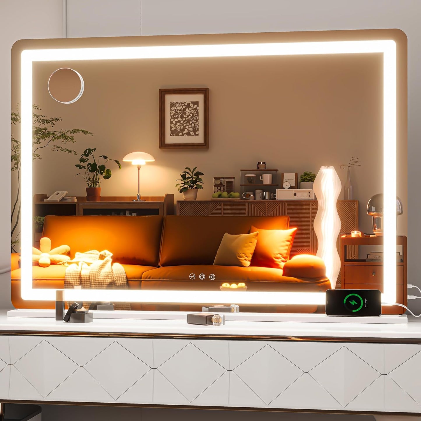 LED Makeup Mirror with Lights - 31.5" x 22" Dimmable Touch Screen Vanity Mirror | Round Black Design