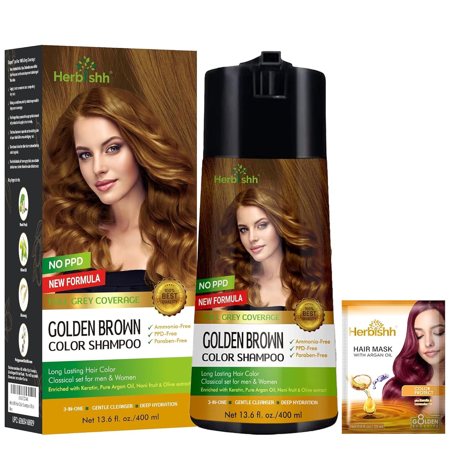 Herbishh Hair Color Shampoo for Gray Hair - Keratin-Enriched Formula for Full Coverage | Black (400ml)