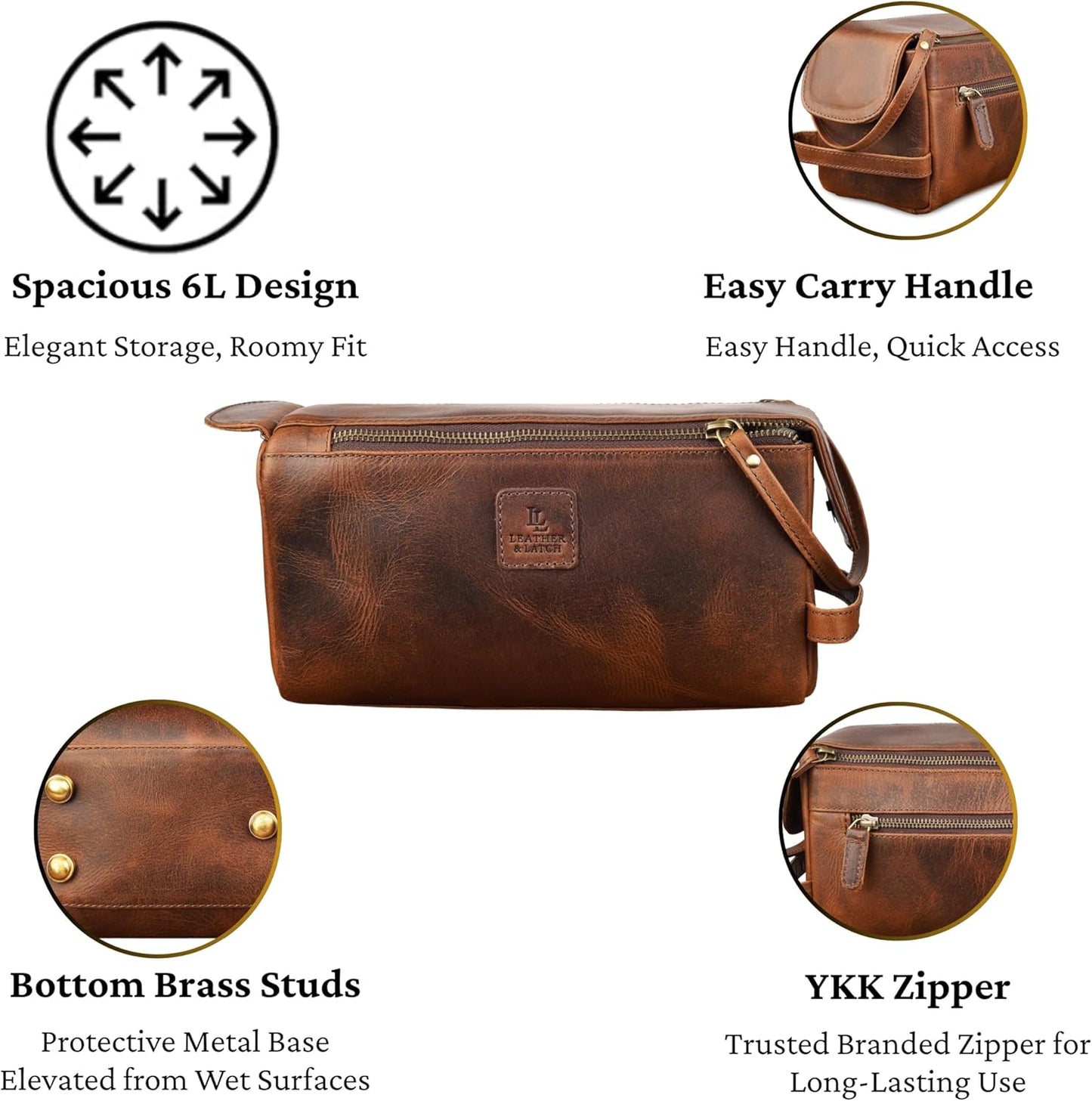 Full Grain Leather Toiletry Kit - Water-Resistant Travel Organizer for Men & Women | Rustic Brown Grooming Case