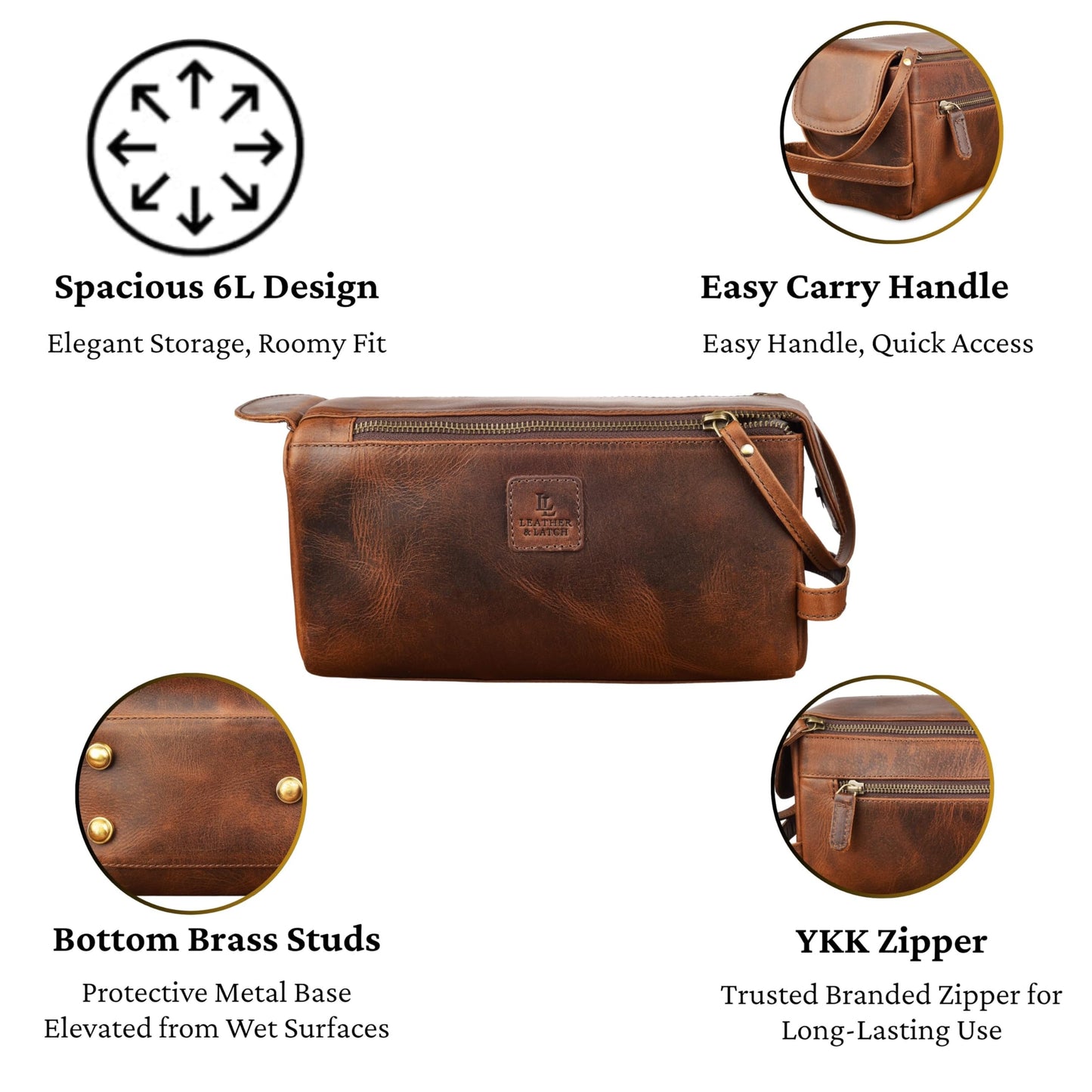 Full Grain Leather Toiletry Kit for Men & Women – Travel Toiletries & Shaving Bag Organizer, Water-Resistant Grooming Case for Bathroom, Makeup & Cosmetic Storage - Rustic Brown