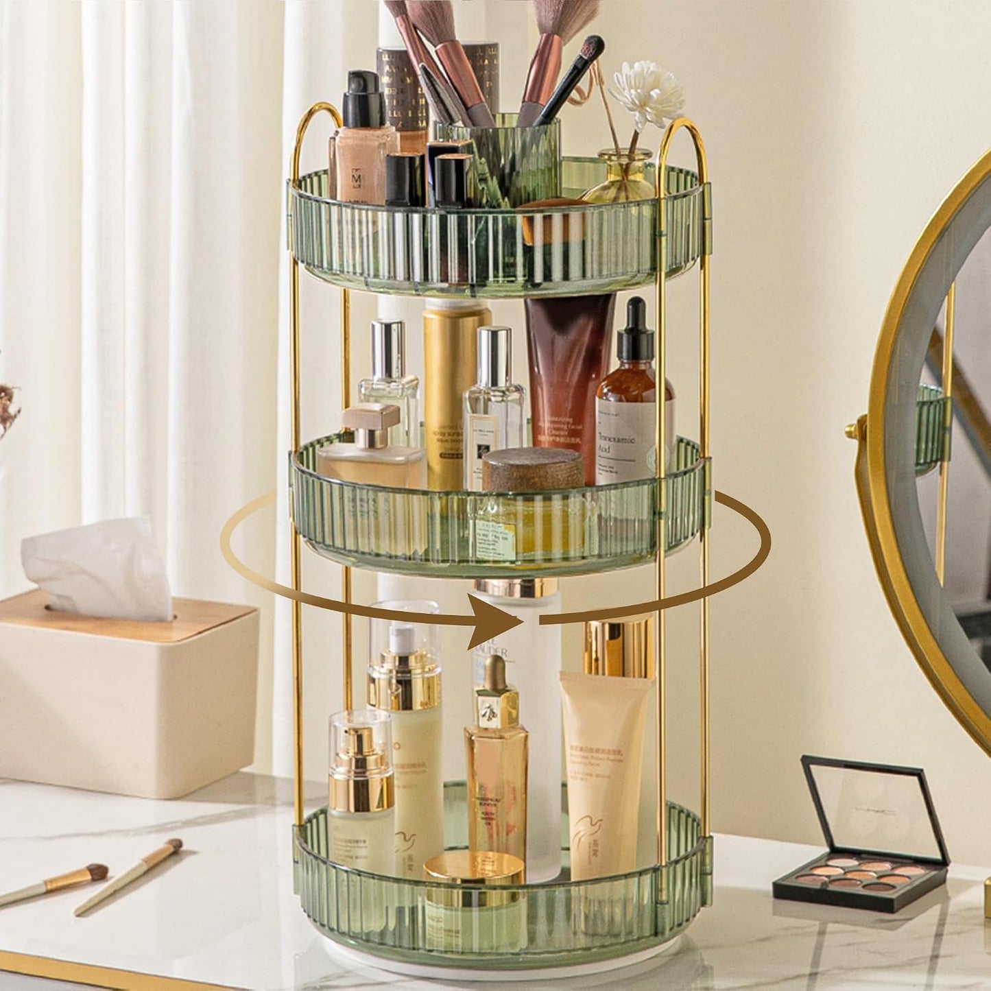 Rotating Makeup Organizer - 3 Tier Clear Cosmetic Holder for Vanity | Grey Perfume & Skincare Storage