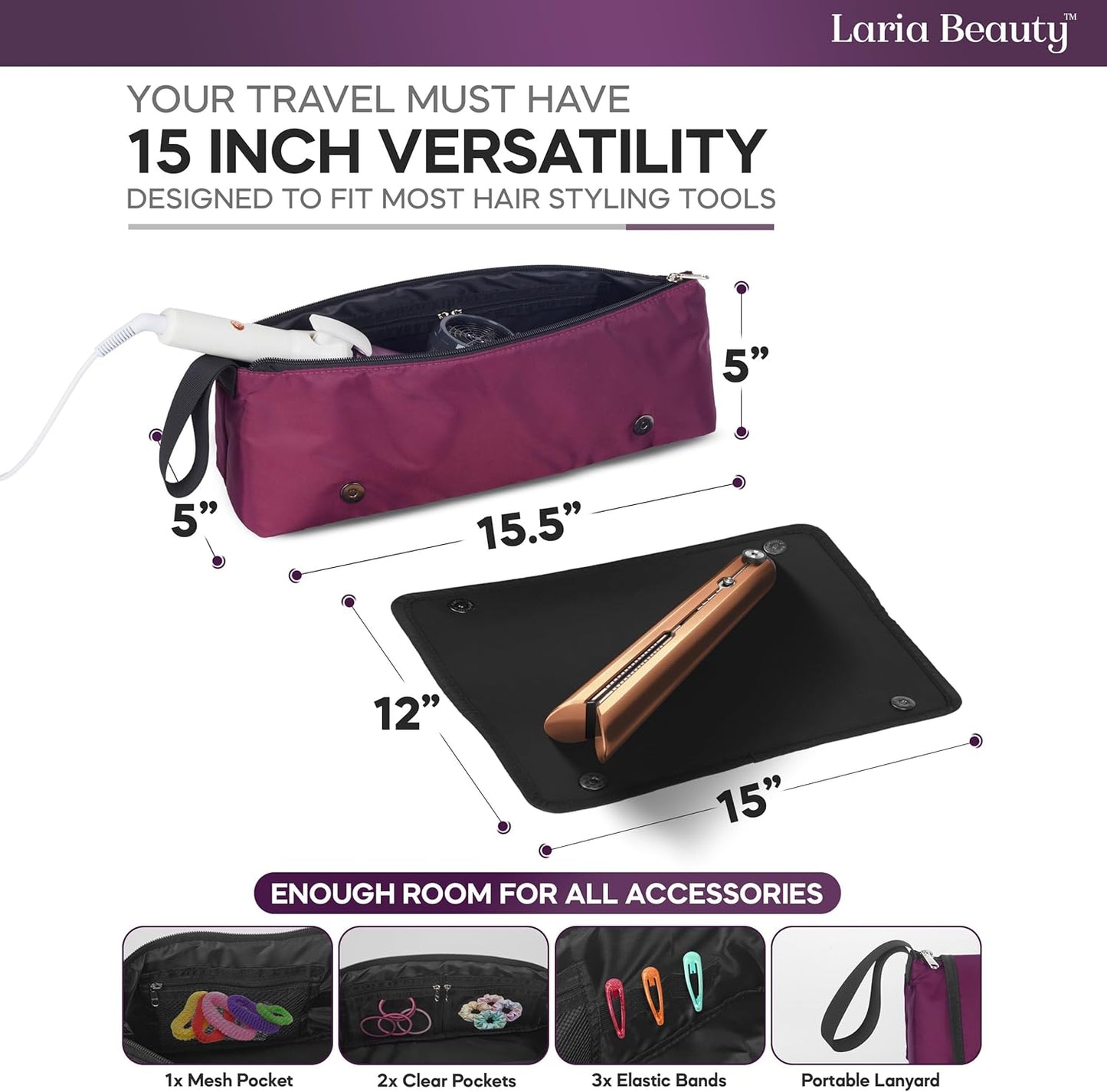 2-in-1 Hot Hair Tools Travel Bag - Heat-Resistant Silicone Mat, Clear Pockets for Accessories | Ideal for Curling & Flat Irons