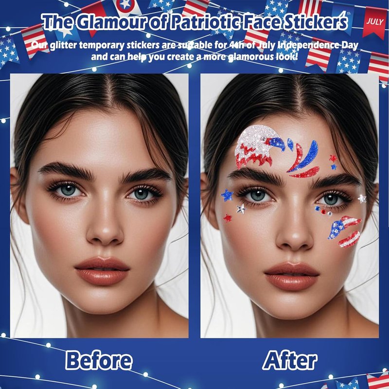Independence Day Temporary Tattoos - 6Pcs Red, White & Blue Glitter Face Stickers | Self-Adhesive Star Art for 4th of July