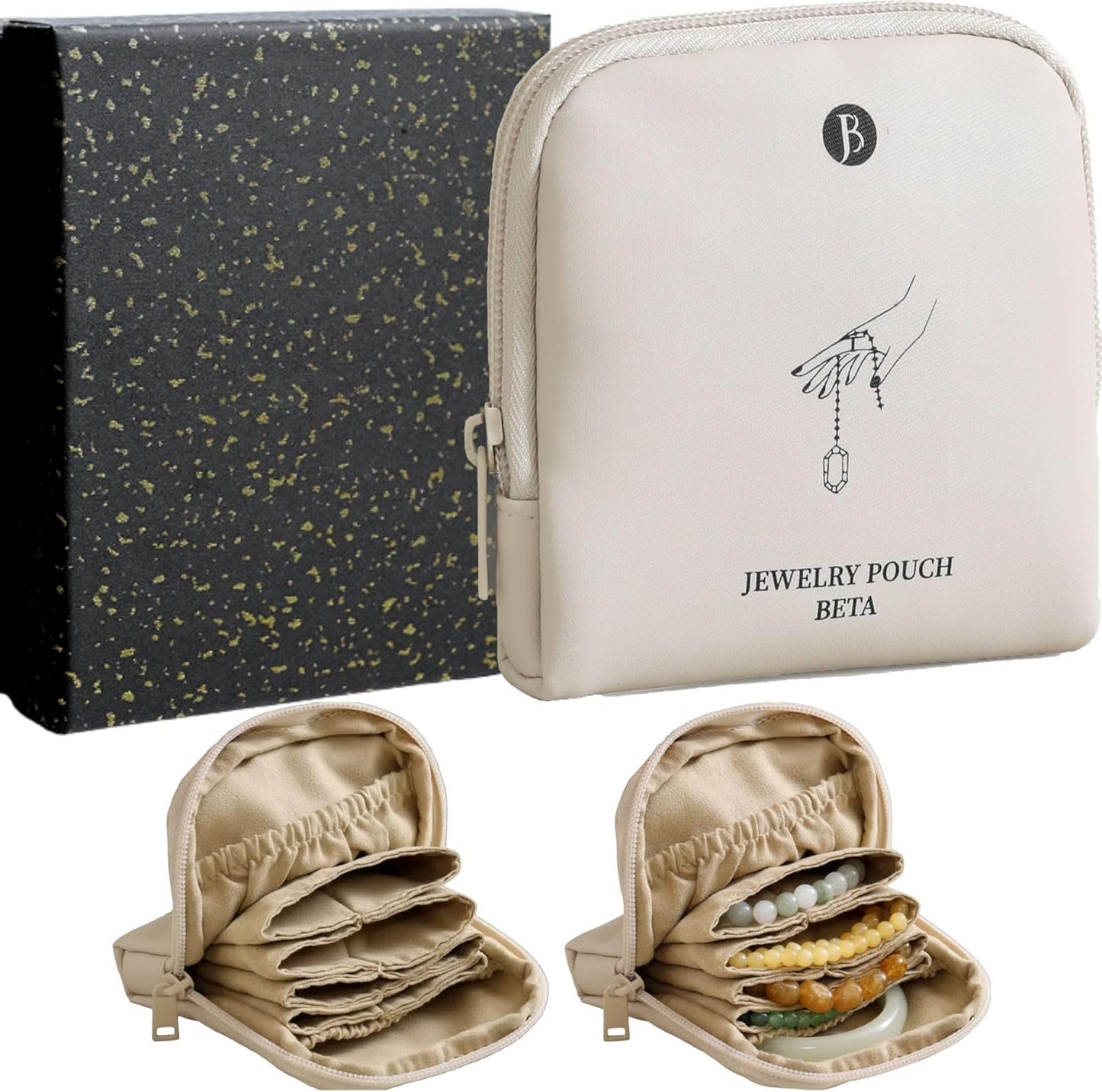 Small Travel Jewelry Case - Tangle-Free Waterproof Organizer for Valuables | Gift Box Included (Beige)