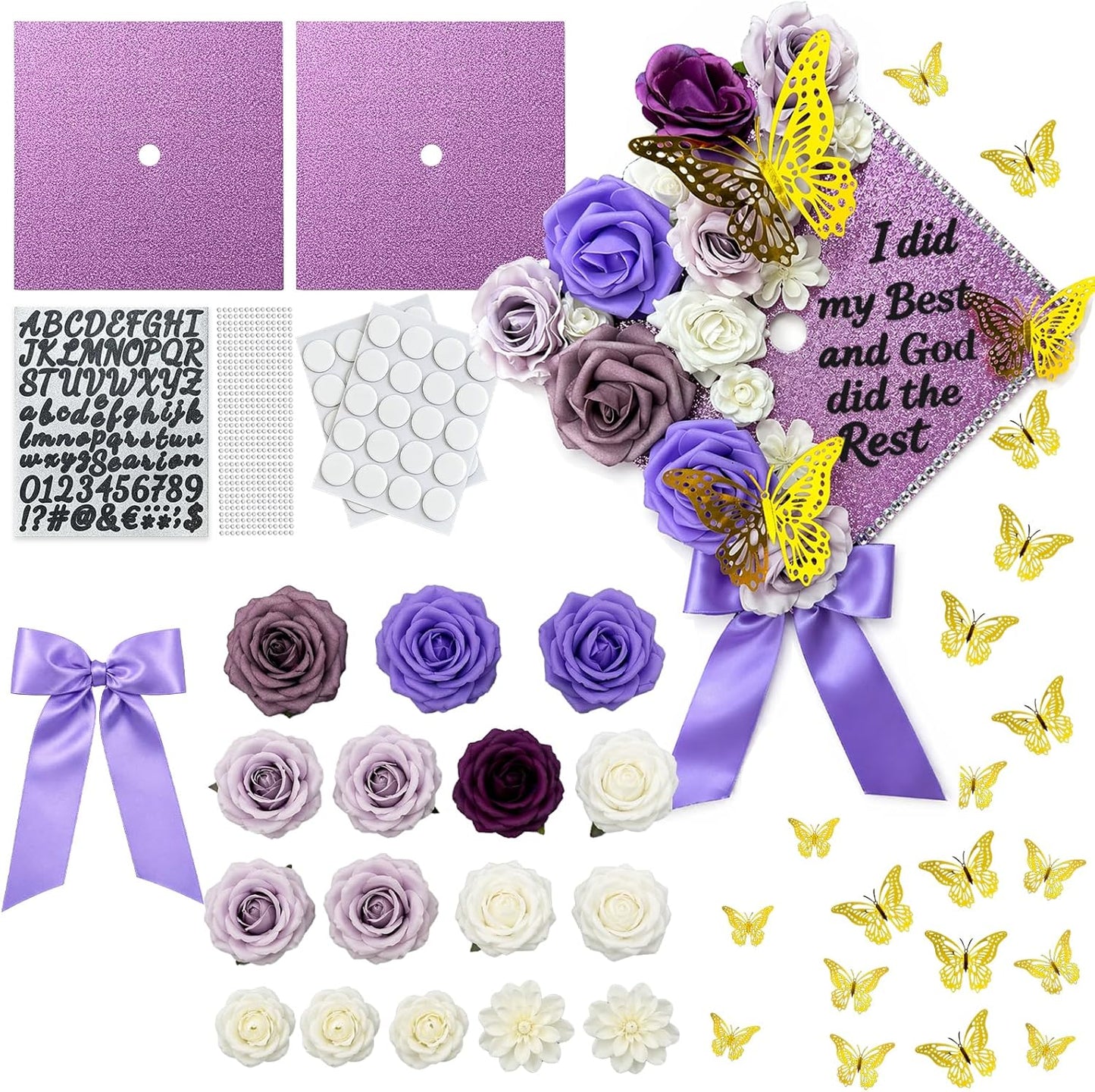 DIY Graduation Cap Decoration Kit - Faux Rose Flower Heads & 3D Butterfly Glitter Stickers | Black Grad Cap Topper