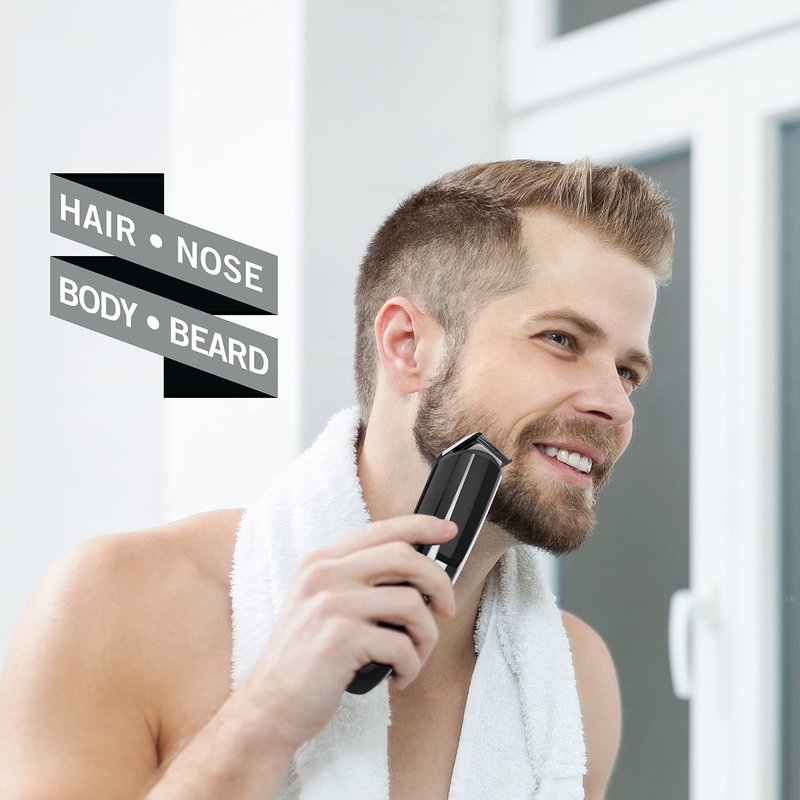 Perry Ellis 16-Piece Men’s Grooming Kit, Rechargeable Beard Trimmer, Electric Razor for Face, Body, Nose, and Ear Hair, LED Display, Foil Shaver Head, 5 Adjustable Trimming Guides, Charging Dock