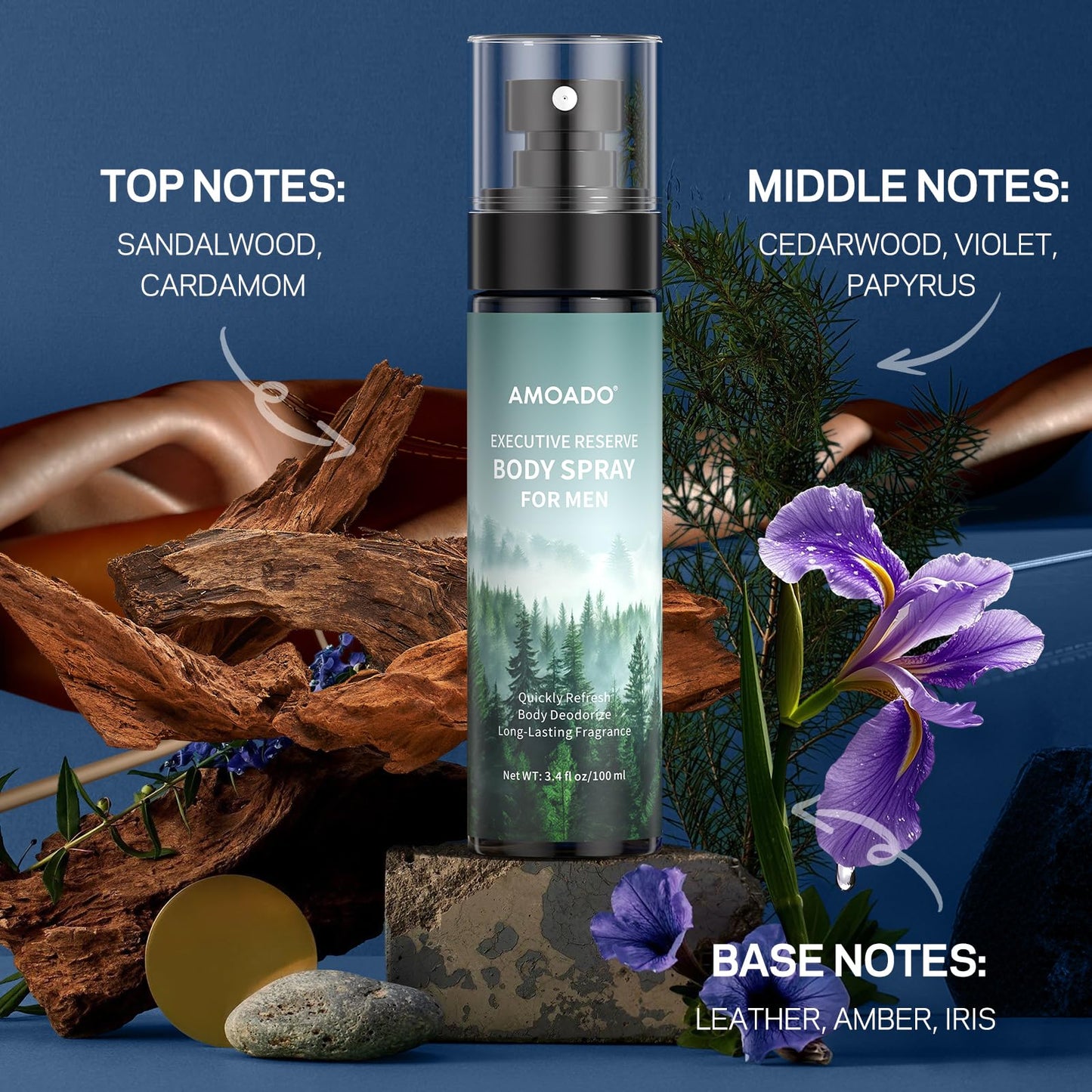 AMOADO Men’s Body Spray Set – Body Spray for Men,Deodorizing Body Mist Refreshing Spray, Aluminum-Free Cologne for Him, Oriental & Woody Scents,Each 3.4 fl oz