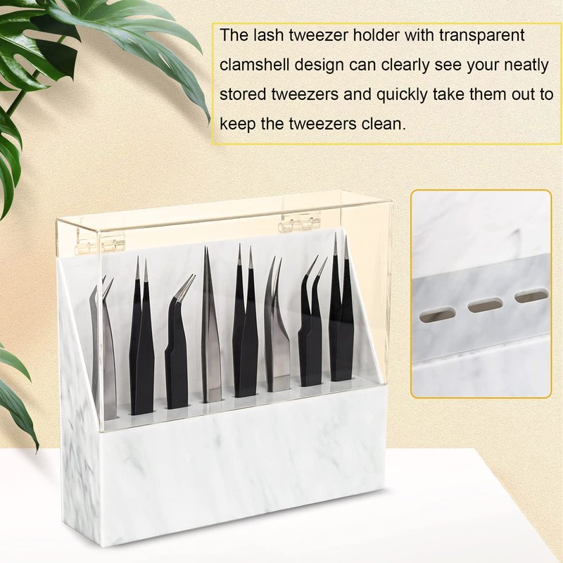 LXIANGN 8 Holes Dust-proof Eyelash Tweezers Holder Case Acrylic Marble Tweezer Stand Display Organizer with Cover for Lash Extensions (white)