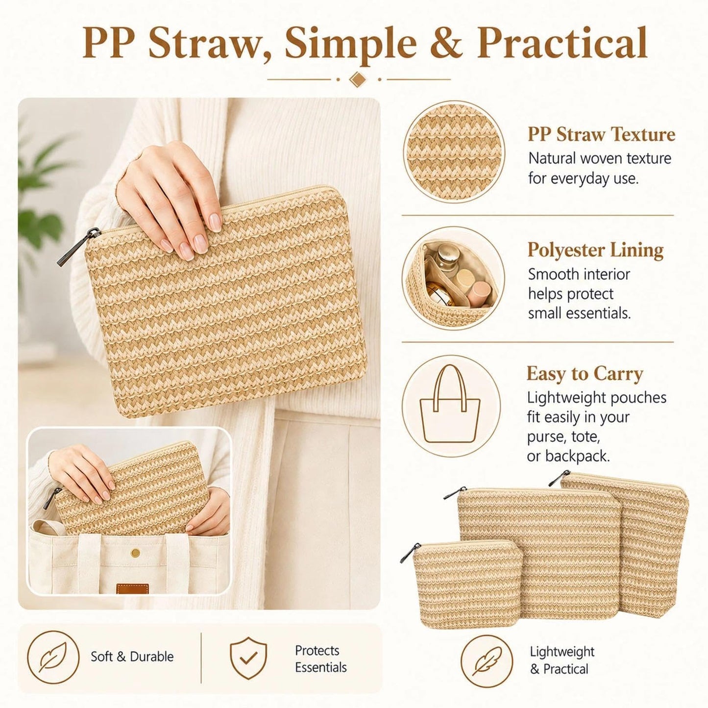 BBORGDC Purse Organizer Pouches, 3 Pack Small Makeup Bags for Purse, PP Straw Makeup Pouch Set, Travel Essentials Pouches, Zipper Organizer Bags for Totes and Handbags